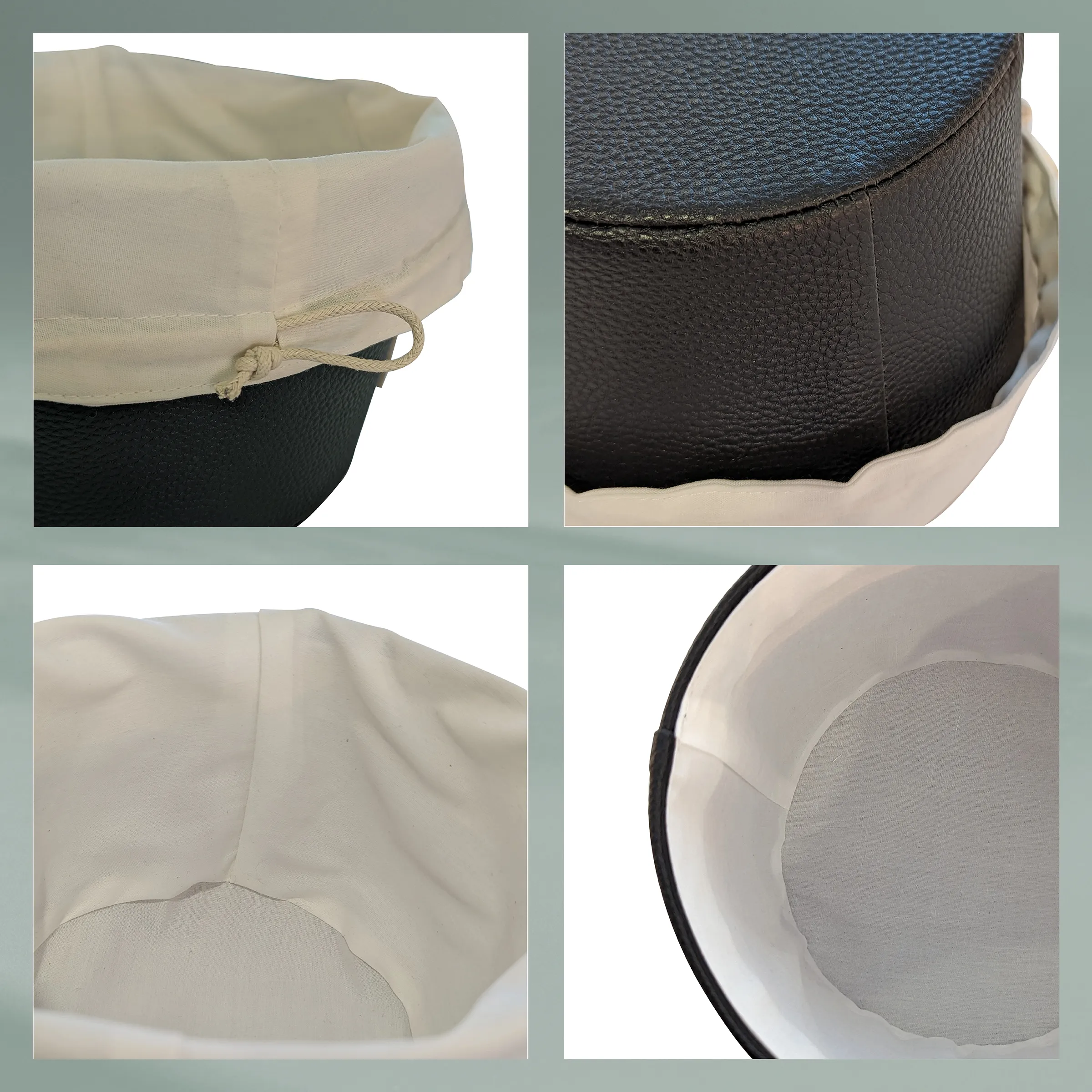Details einer Aufbewahrungstasche aus Beige und Dunkelgrau mit Kordelverschluss, Nähten und Innenpolsterung