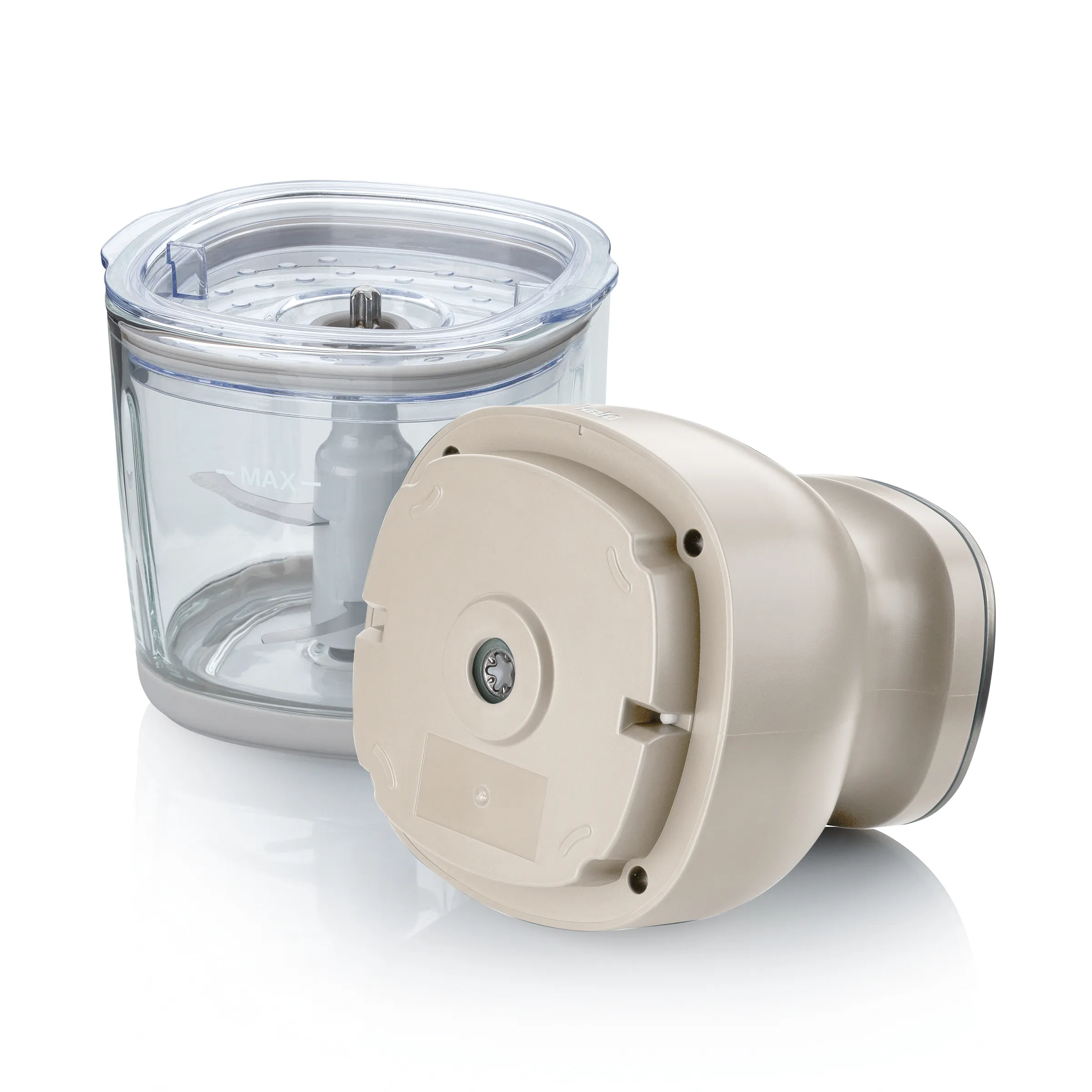 Küchenmaschinen Behälter mit Motor - Mixer Zubehör Küchenmaschinen-Behälter aus Glas mit Deckel und cremefarbenem Motor-Antriebsteil, auf weißem Hintergrund.