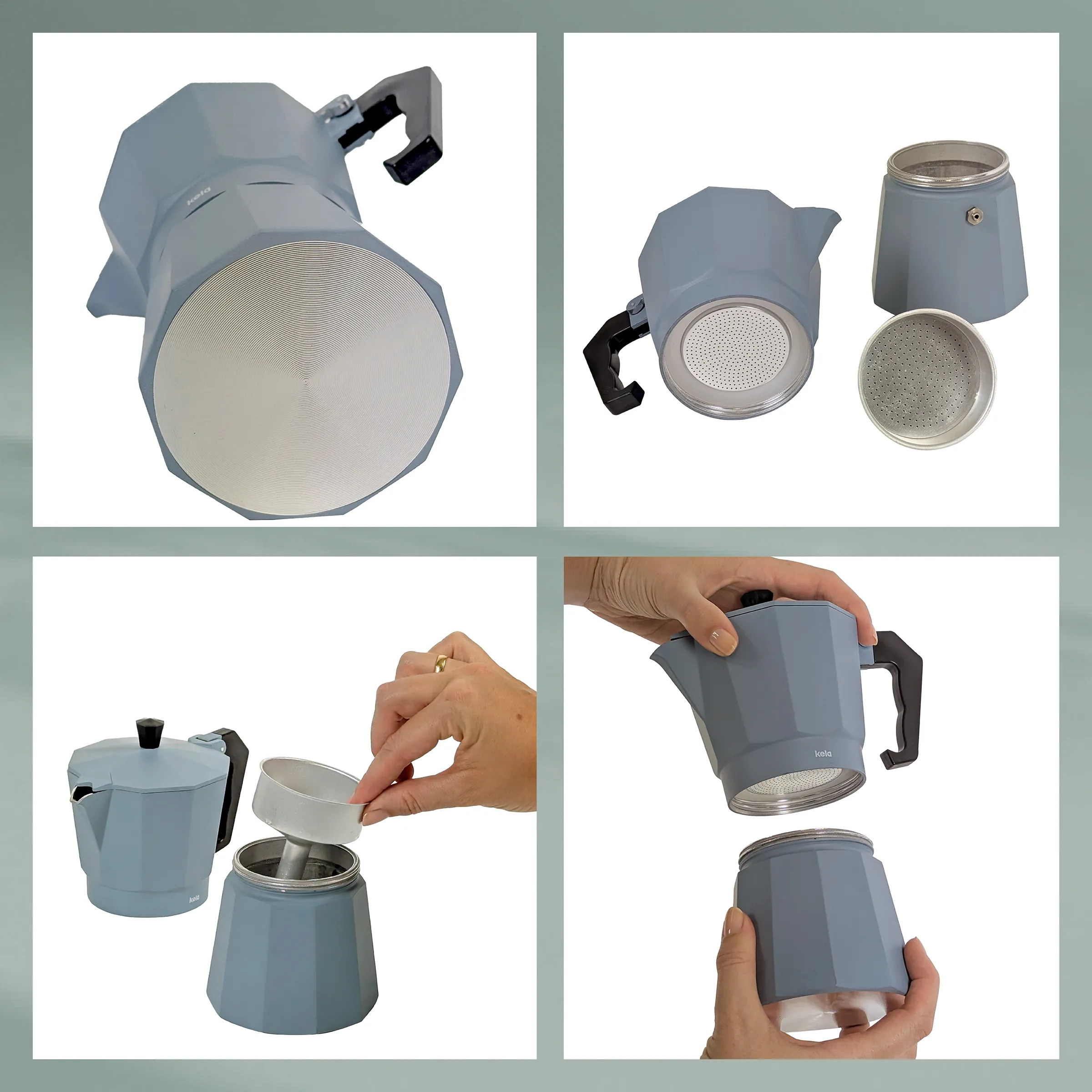 Espressokanne Aluminium zerlegbar - Kaffeebereiter mit Filter und Dichtung Grau-blaue Espressokanne mit Einzelteilen: Kessel, Filter, Dichtung und Griff in verschiedenen Ansichten