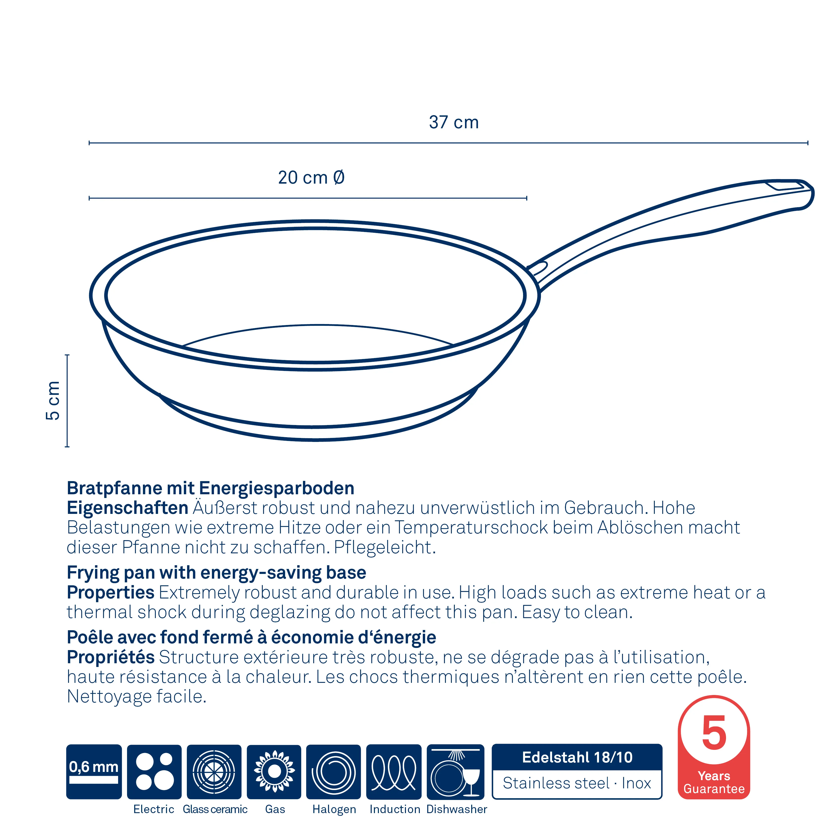 Bratpfanne mit Energiesparboden Edelstahl 20 cm Durchmesser Induktion Bratpfanne 20 cm Durchmesser mit Energiesparboden, 5 cm Höhe, Edelstahl 18/10, für alle Herdarten, 5 Jahre Garantie
