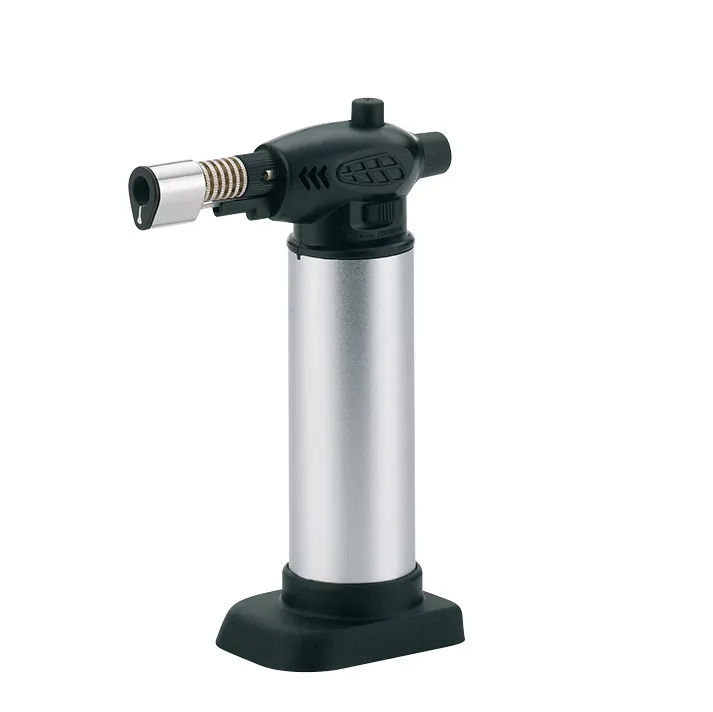 Tragbare Lötlampe mit Piezo-Zündung für Handwerk Tragbare Lötlampe mit silbernem Metallzylinder und schwarzem Brennerkopf mit Piezo-Zündung auf stabilem Standfuß