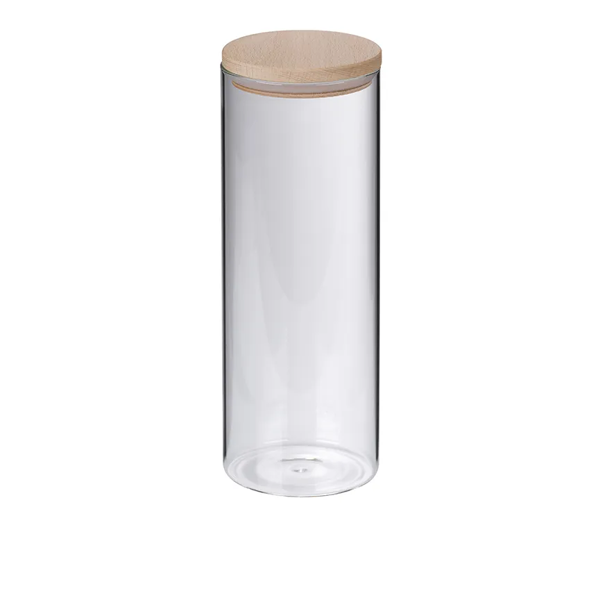 Vorratsglas mit Holzdeckel - Luftdichter Glasbehälter für Küche Transparenter zylindrischer Vorratsbehälter aus Glas mit hellem Holzdeckel vor weißem Hintergrund