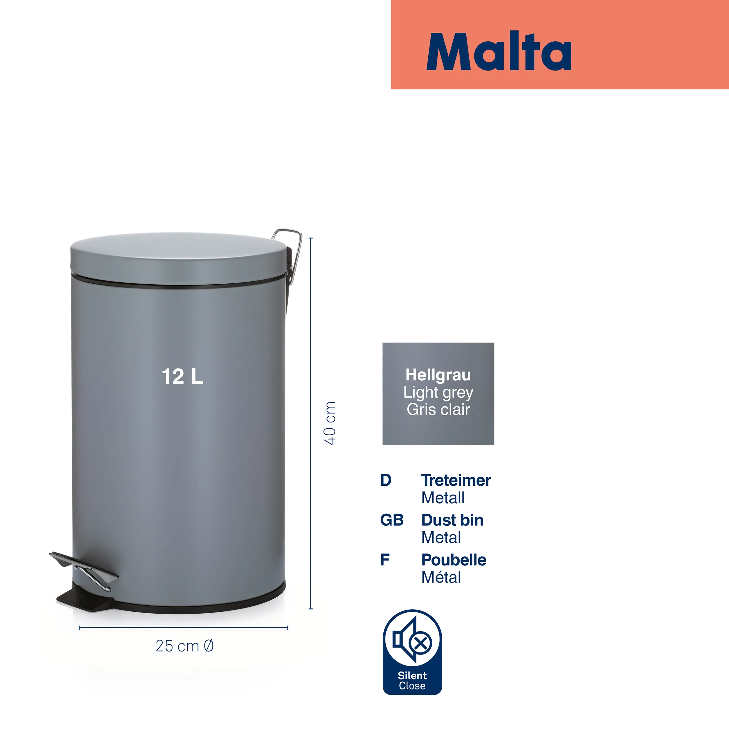 Malta Treteimer 12L Hellgrau Metall – Silent Close Mülleimer Hellgrauer 12 Liter Mülleimer aus Metall mit Tretfunktion und Silent Close System, 40 cm hoch, 25 cm Durchmesser
