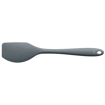 Grauer Silikonspatel mit breitem Kopf und ergonomischem Griff mit Aufhängeöse auf weißem Hintergrund