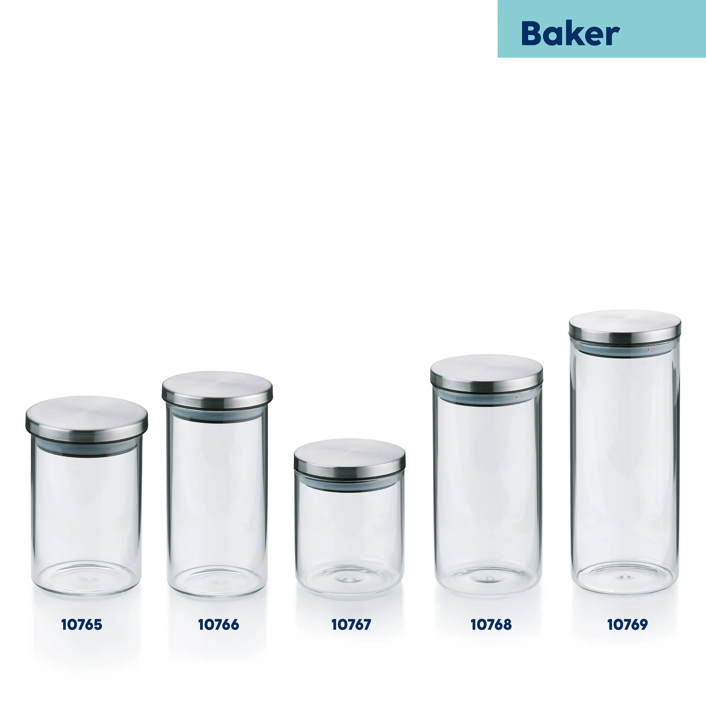 Baker Glasdosen Aufbewahrung - 5er Set verschiedene Größen Baker Glasdosen mit Metalldeckeln in fünf verschiedenen Größen nebeneinander angeordnet