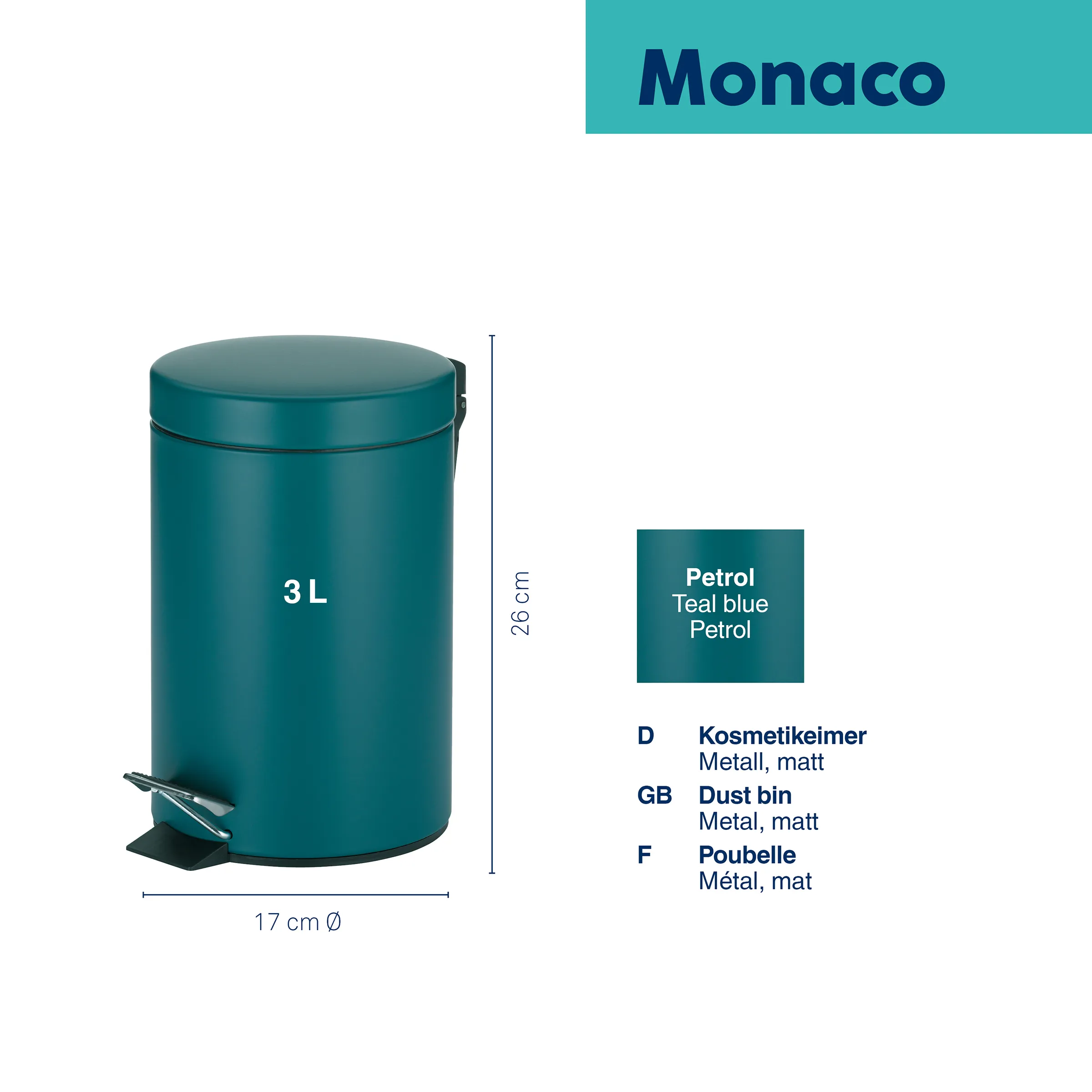 Monaco Kosmetikeimer 3L Petrol matt - Treteimer Metall Badezimmer Monaco Kosmetikeimer 3L in Petrol, matt, 26 cm hoch, 17 cm Durchmesser, mit Fußpedal