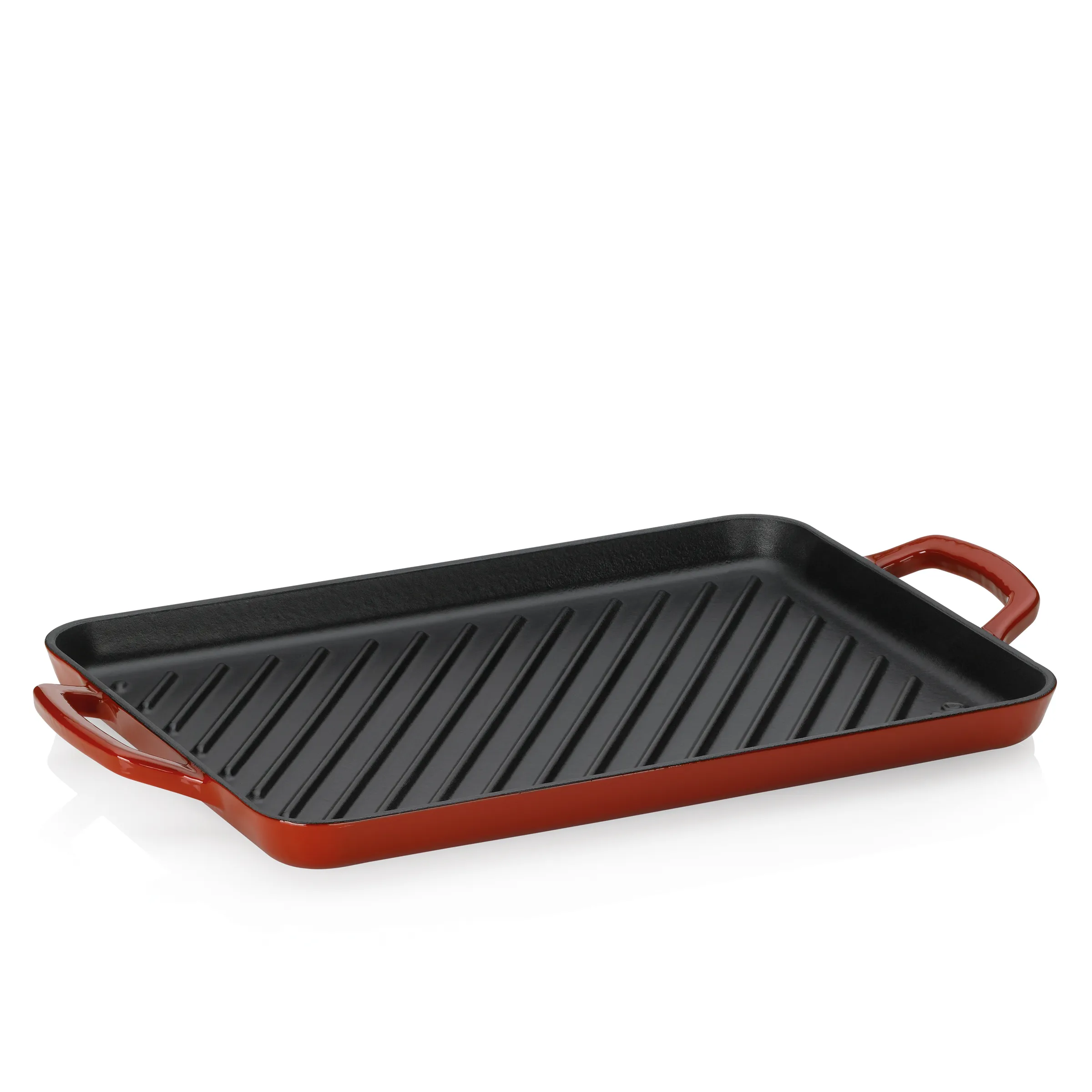 Gusseisen Grillplatte rechteckig rot Rechteckige Grillplatte aus rotem Gusseisen mit schwarzer Antihaftbeschichtung und Grillrillen