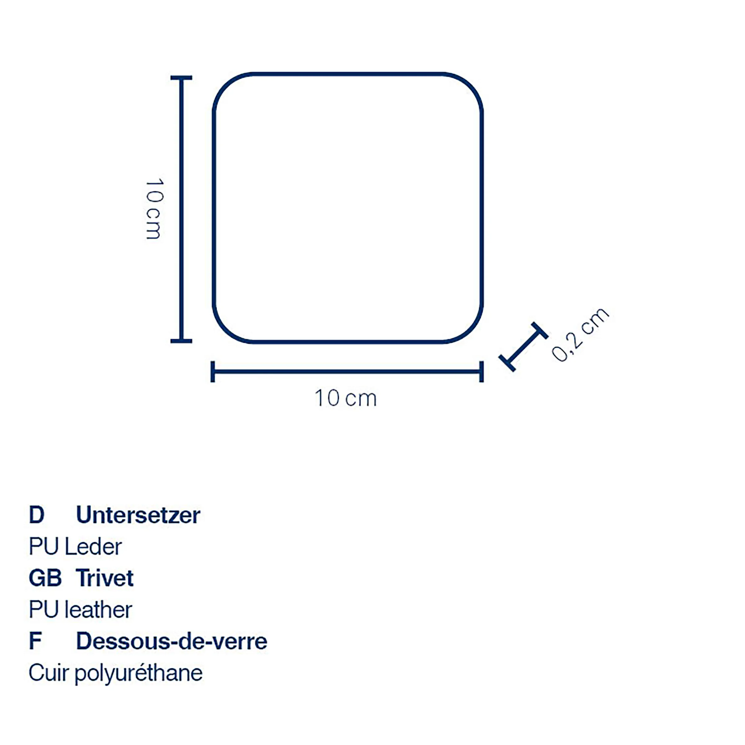 PU-Leder Untersetzer quadratisch 10x10 cm - Technische Maße Technische Zeichnung eines quadratischen PU-Leder Untersetzer, 10x10 cm mit 0,2 cm Wandstärke