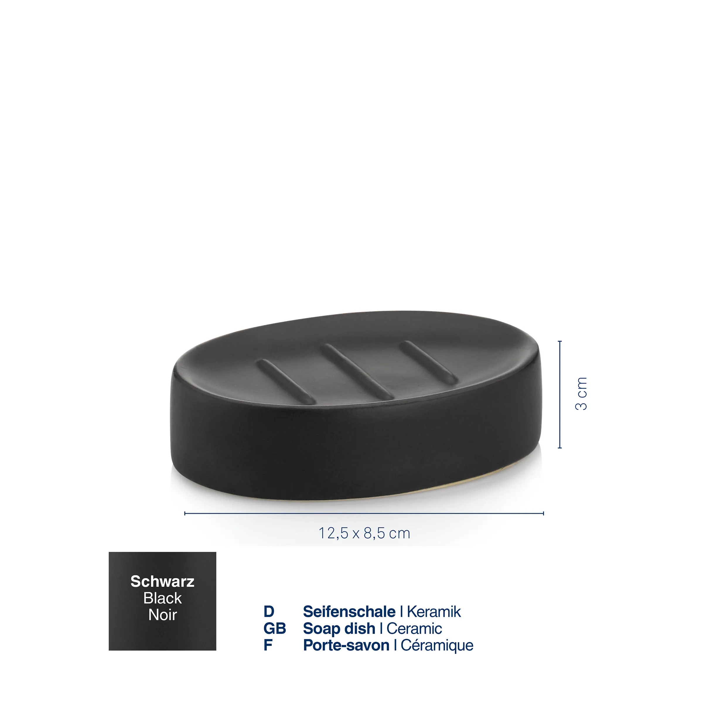 Seifenschale Keramik Schwarz mit Rillen – Ovale Seifenablage 12,5 cm Schwarze ovale Keramik-Seifenschale mit Rillen, Maße 12,5 x 8,5 x 3 cm, auf weißem Hintergrund