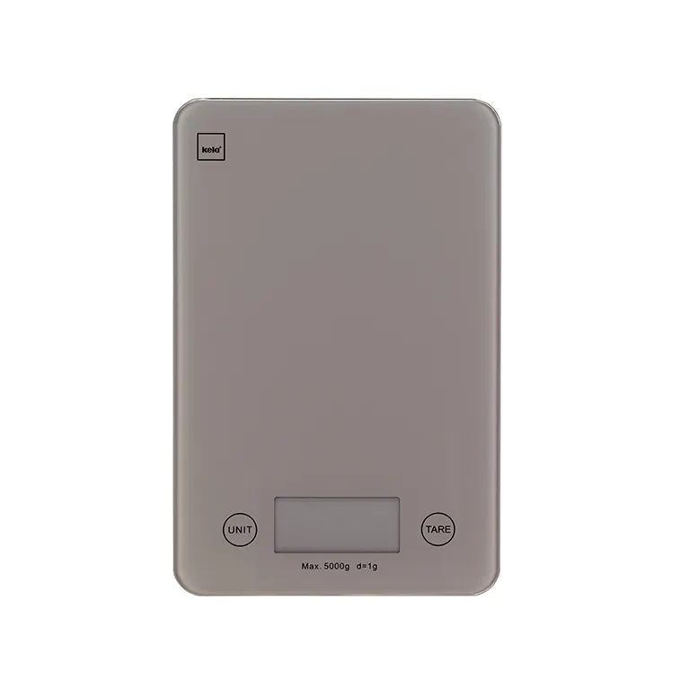 Digitale Küchenwaage 5kg - Präzise Waage mit Tara-Funktion Digitale Küchenwaage in Grau mit Display, UNIT- und TARE-Tasten, maximale Kapazität 5000g