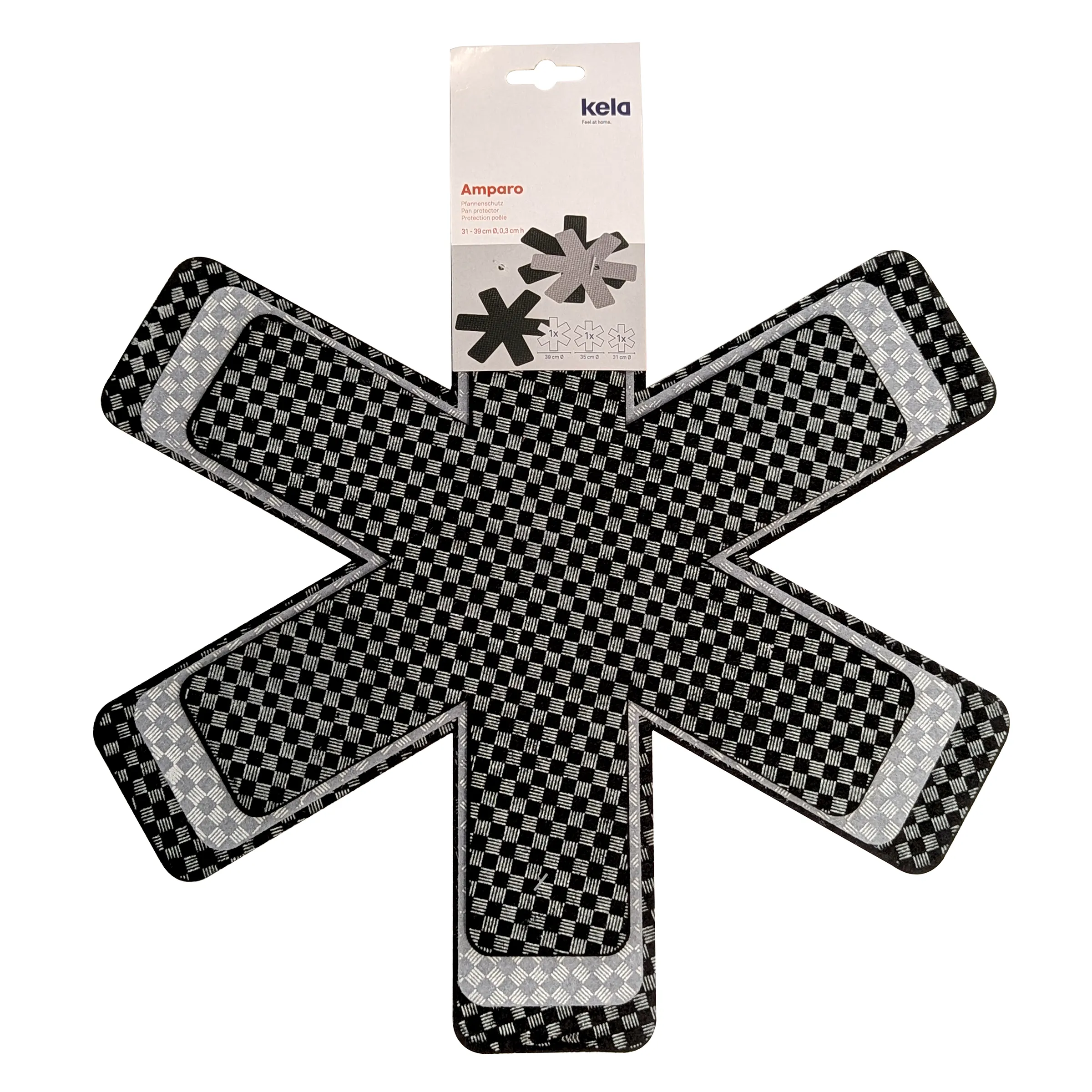 Kela Amparo Pfannenschutz Set - Pfannenschoner mit Webmuster 31-38 cm Kela Amparo Pfannenschutz in Schwarz-Grau mit Webmuster, kreuzförmig angeordnet, mit Produktverpackung