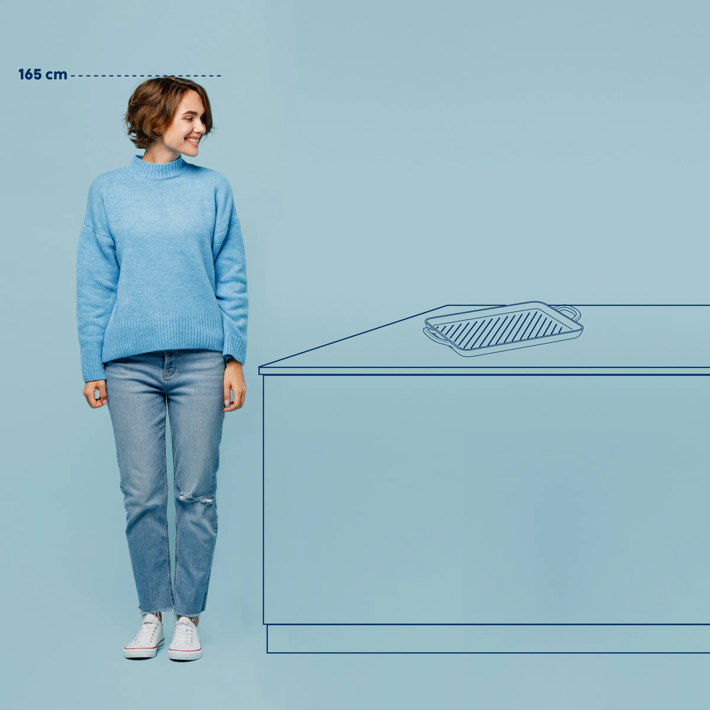 Frau in blauem Pullover neben gezeichnetem Küchenblock mit Grillpfanne, Höhenmarkierung 165 cm