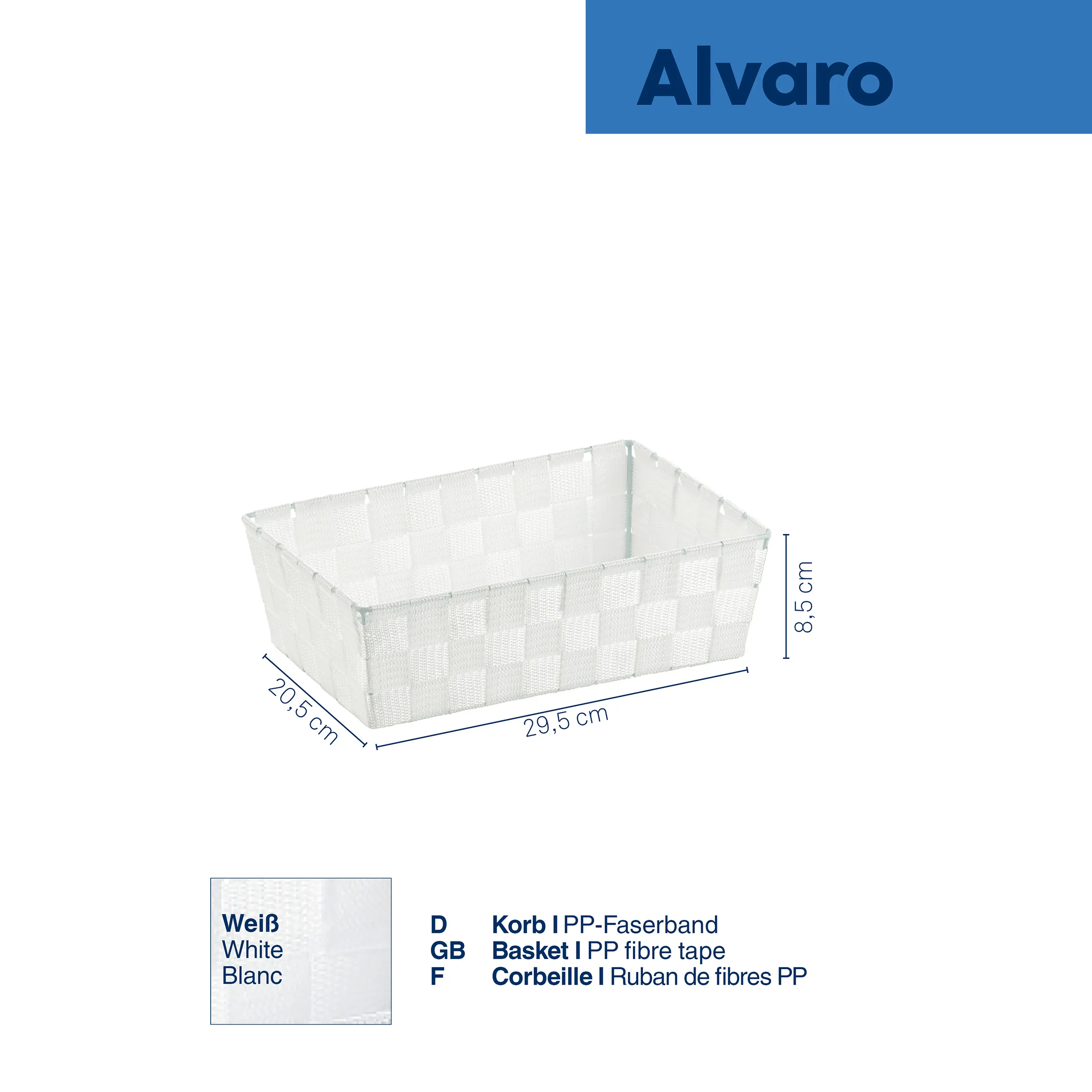 Alvaro Aufbewahrungskorb weiß PP-Faserband 29,5x25,5x8,5cm Weißer Alvaro Aufbewahrungskorb aus PP-Faserband, 29,5 x 25,5 x 8,5 cm mit Maßangaben