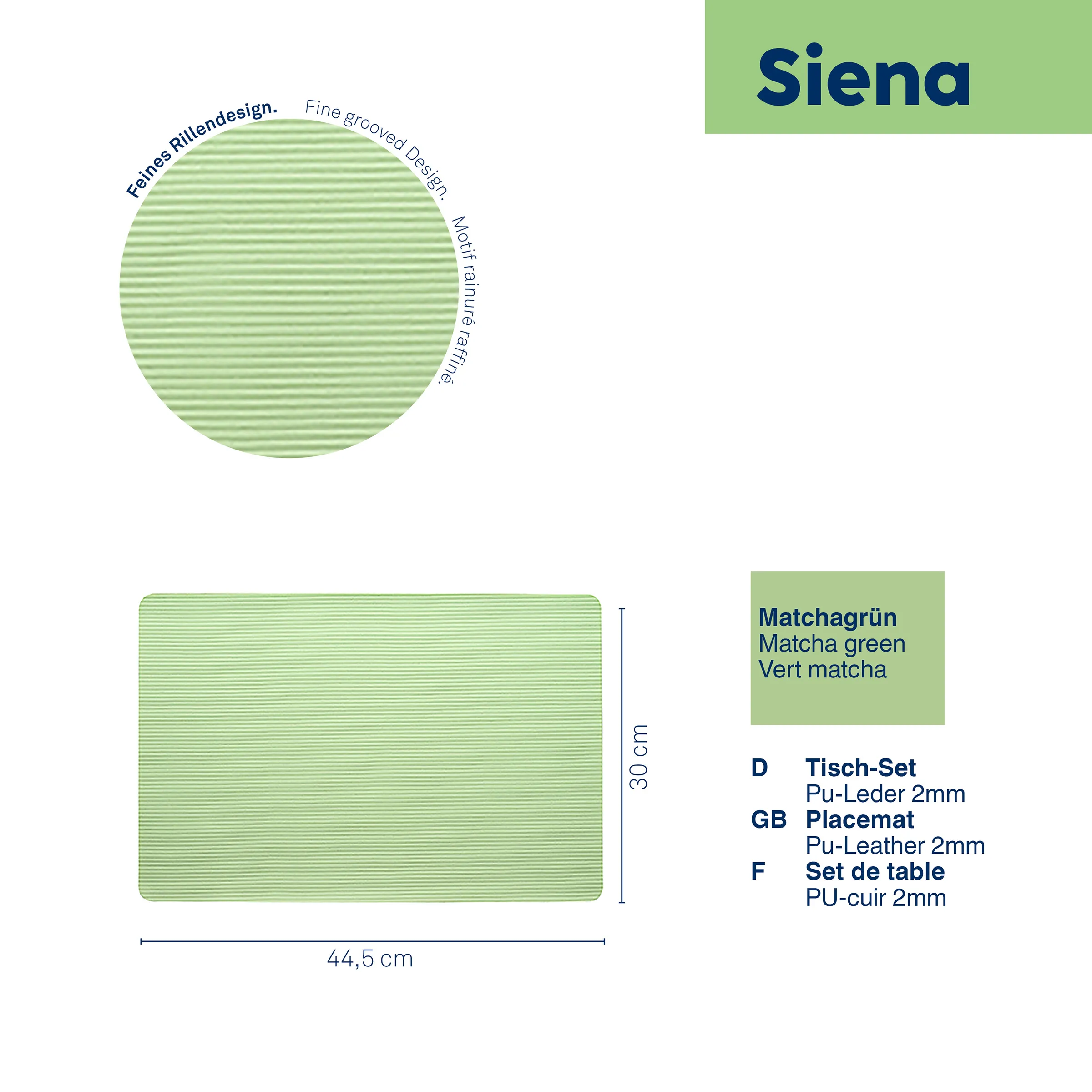 Tisch-Set Platzset Matchagrün PU-Leder gerillt 44,5 x 30 cm Siena Siena Tisch-Set Matchagrün aus PU-Leder mit feiner Rillenstruktur, 44,5 x 30 cm