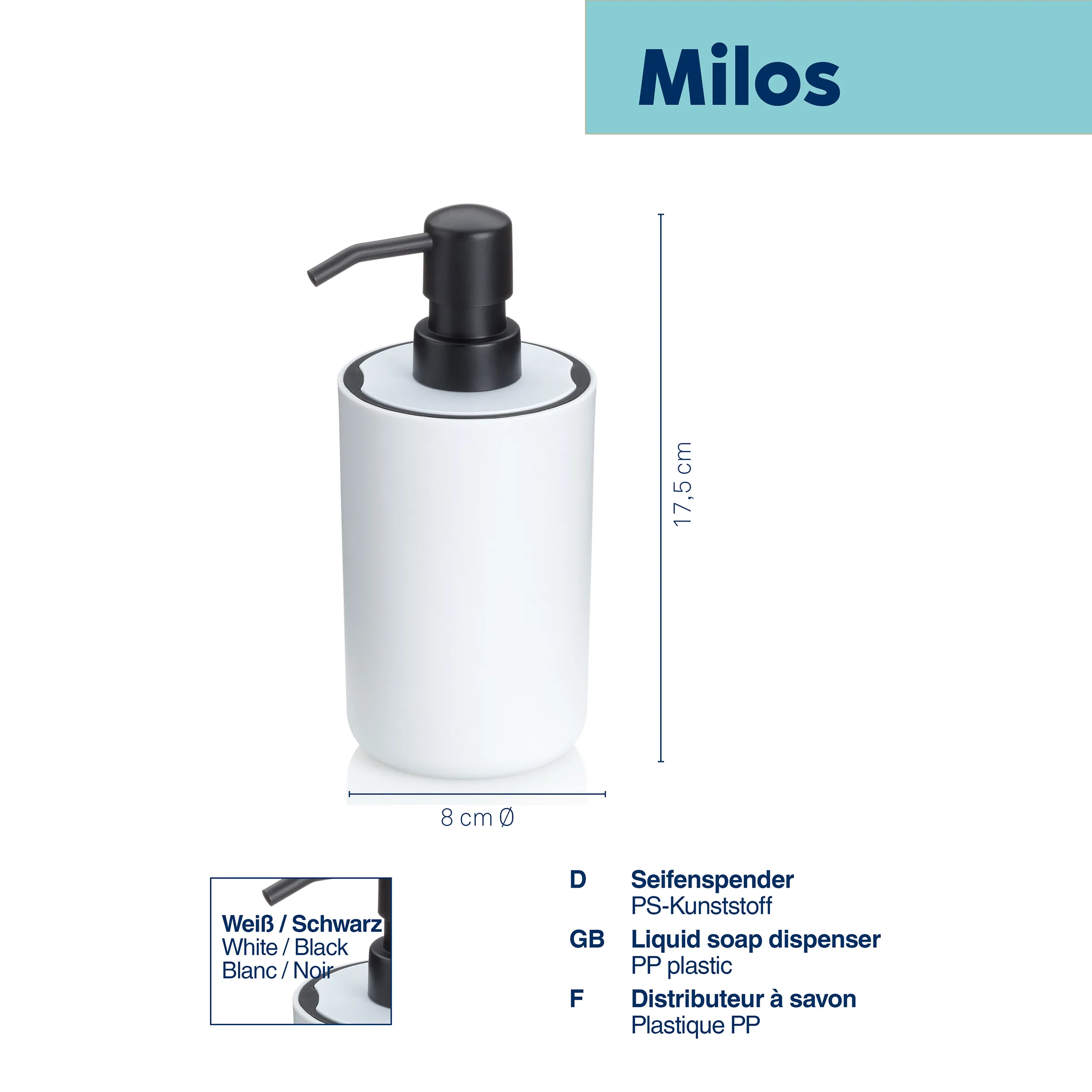 Weißer Seifenspender Milos mit schwarzem Pumpenkopf, 8 cm Durchmesser, 17,5 cm Höhe, aus PP-Kunststoff