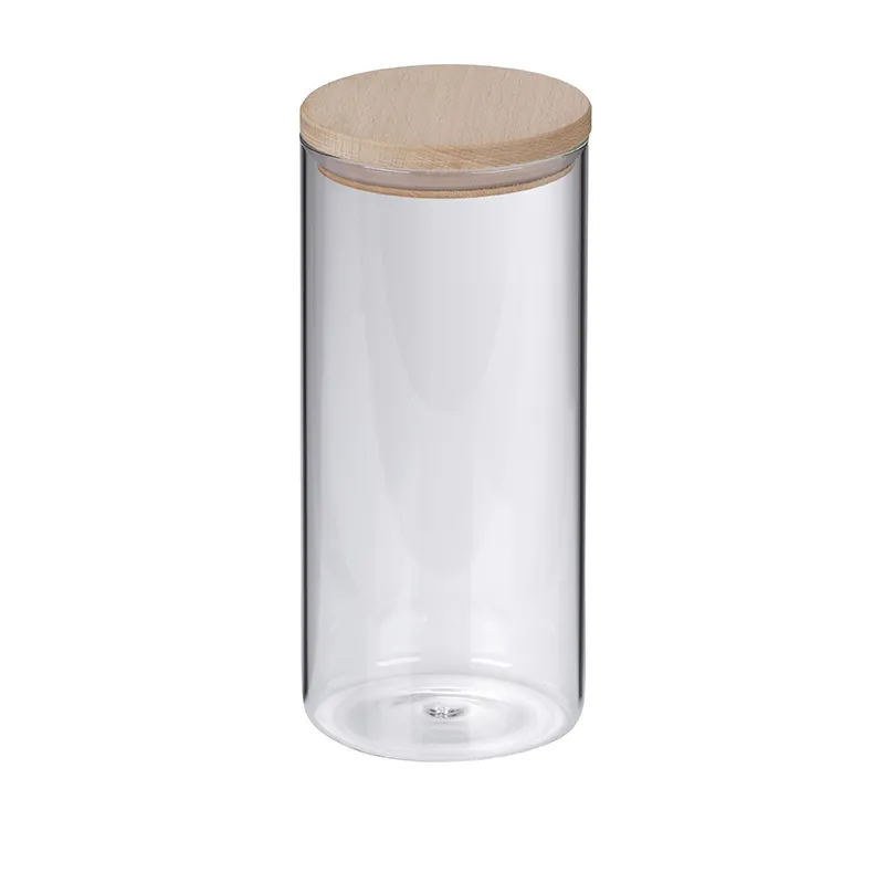 Transparentes Glasgefäß mit rundem Holzdeckel aus Naturholz, zylindrische Form, leerer Speicherbehälter