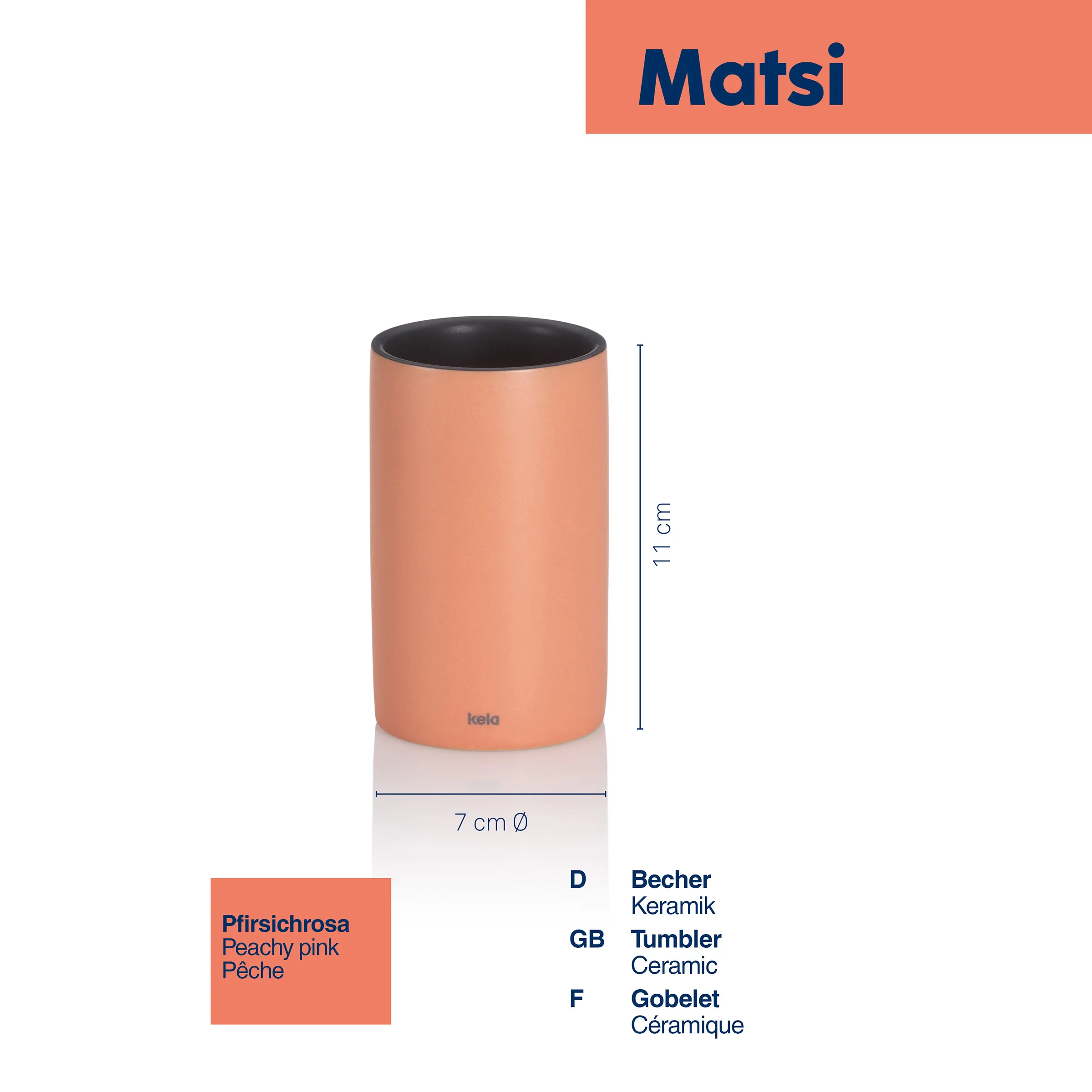 Matsi Keramikbecher Pfirsichrot - Hochwertiger Tumbler Matsi Keramikbecher in Pfirsichrot, 7 cm Durchmesser, 11 cm Höhe mit schwarzem Rand
