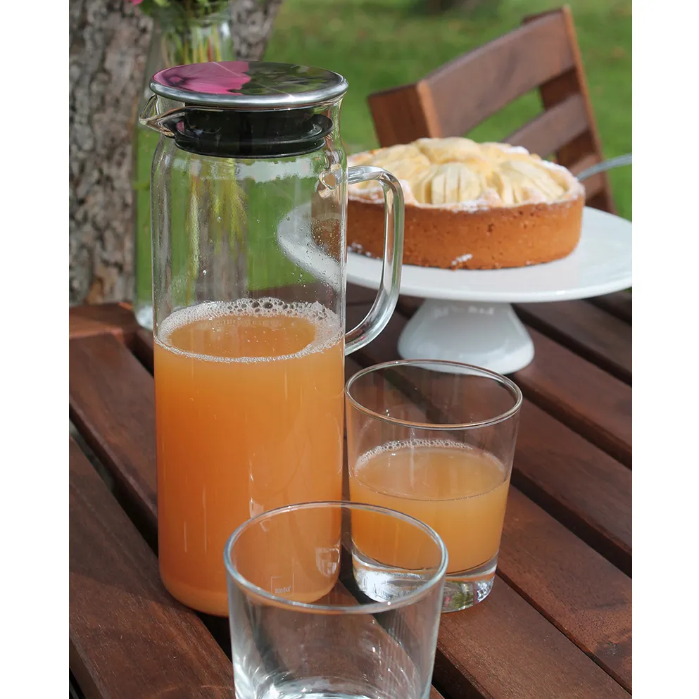 Saftpresse Glaskrug mit frischem Orangensaft und Gebäck Glaskrug mit orangefarbenem Saft, zwei Gläser und eine Torte mit Baiserhaube auf Gartentisch