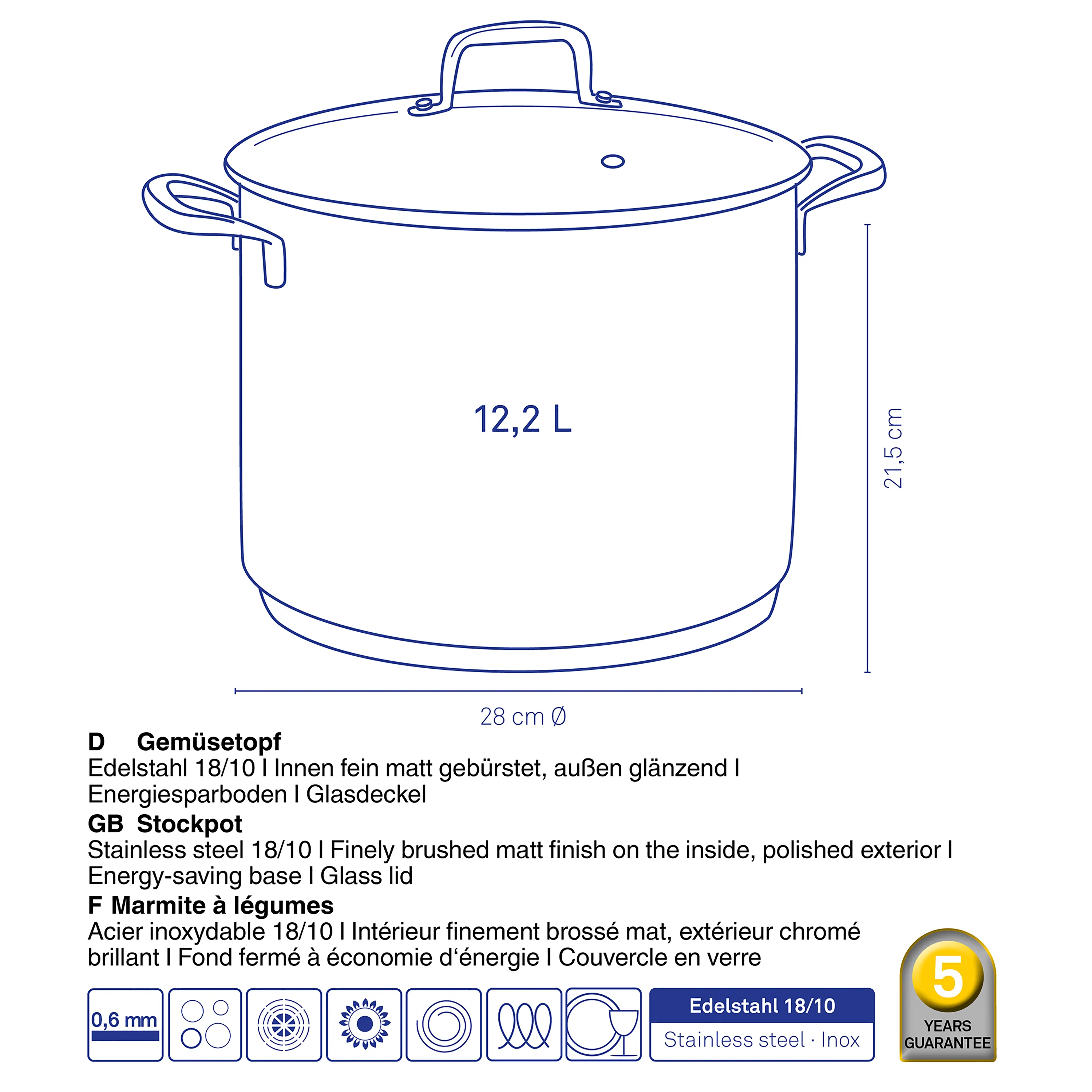Gemüsetopf Edelstahl 12,2 L mit Glasdeckel - Stockpot 28 cm Durchmesser Gemüsetopf aus Edelstahl 18/10 mit Glasdeckel, 12,2 L Volumen, 28 cm Durchmesser, mit technischen Details