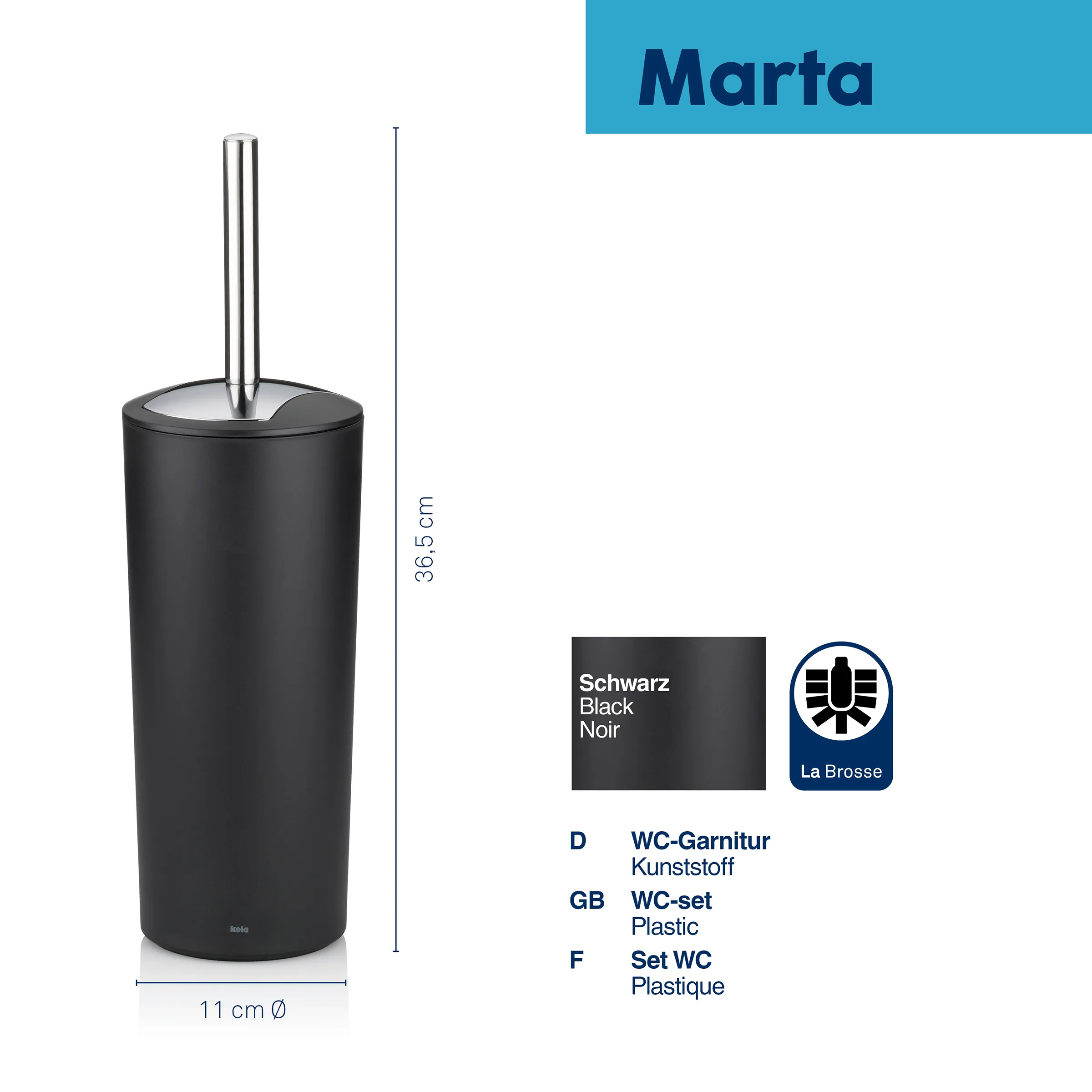 Schwarze Marta WC-Garnitur aus Kunststoff, 36,5 cm hoch, 11 cm Durchmesser, mit verchromter Bürste