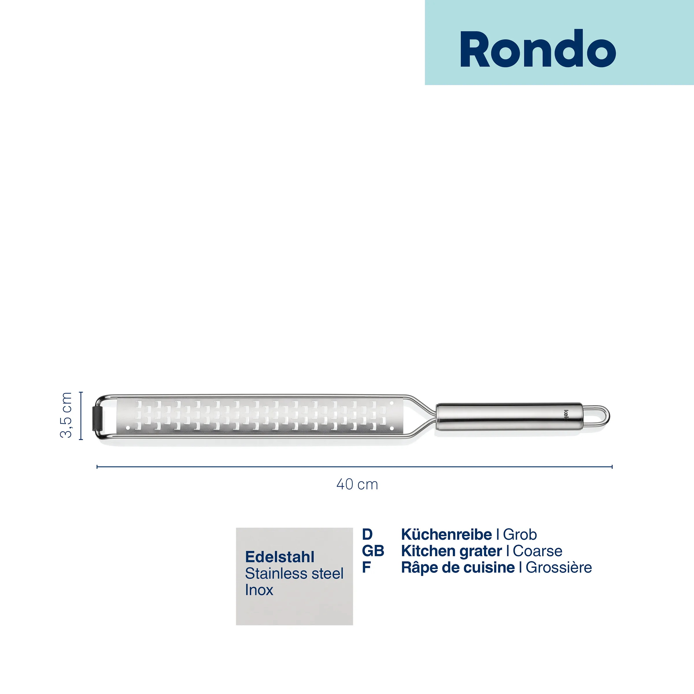 Rondo Küchenreibe Edelstahl grob 40 cm – Profi Küchenreibe Rondo Küchenreibe aus Edelstahl, 40 cm lang, mit grober Reibefläche und ergonomischem Griff