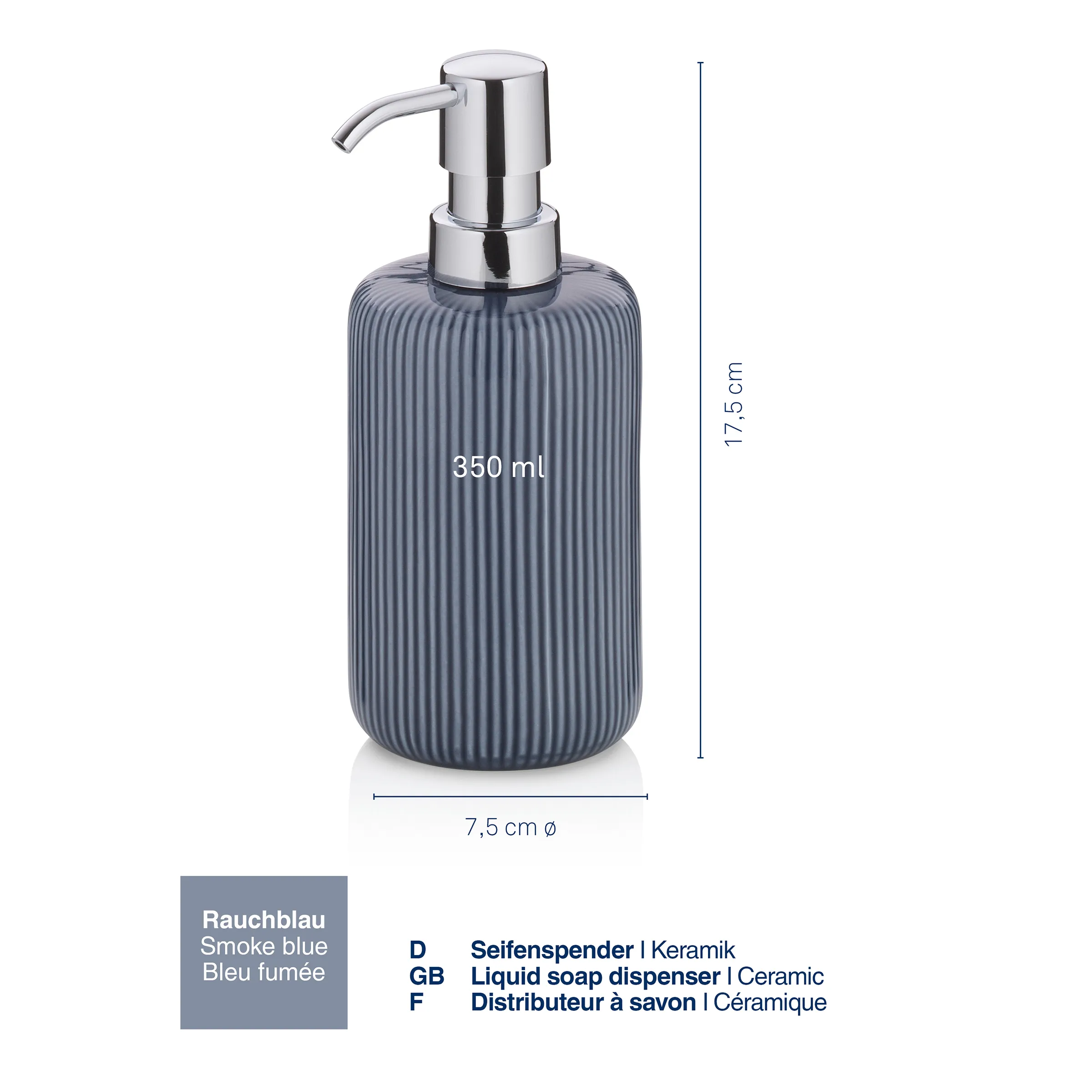 Seifenspender Keramik rauchblau 350ml - Badezimmer Accessoire mit Rillendesign Rauchblauer Keramik-Seifenspender mit Rillenstruktur und Chromaufsatz, 350 ml, 17,5 cm hoch, 7,5 cm Durchmesser