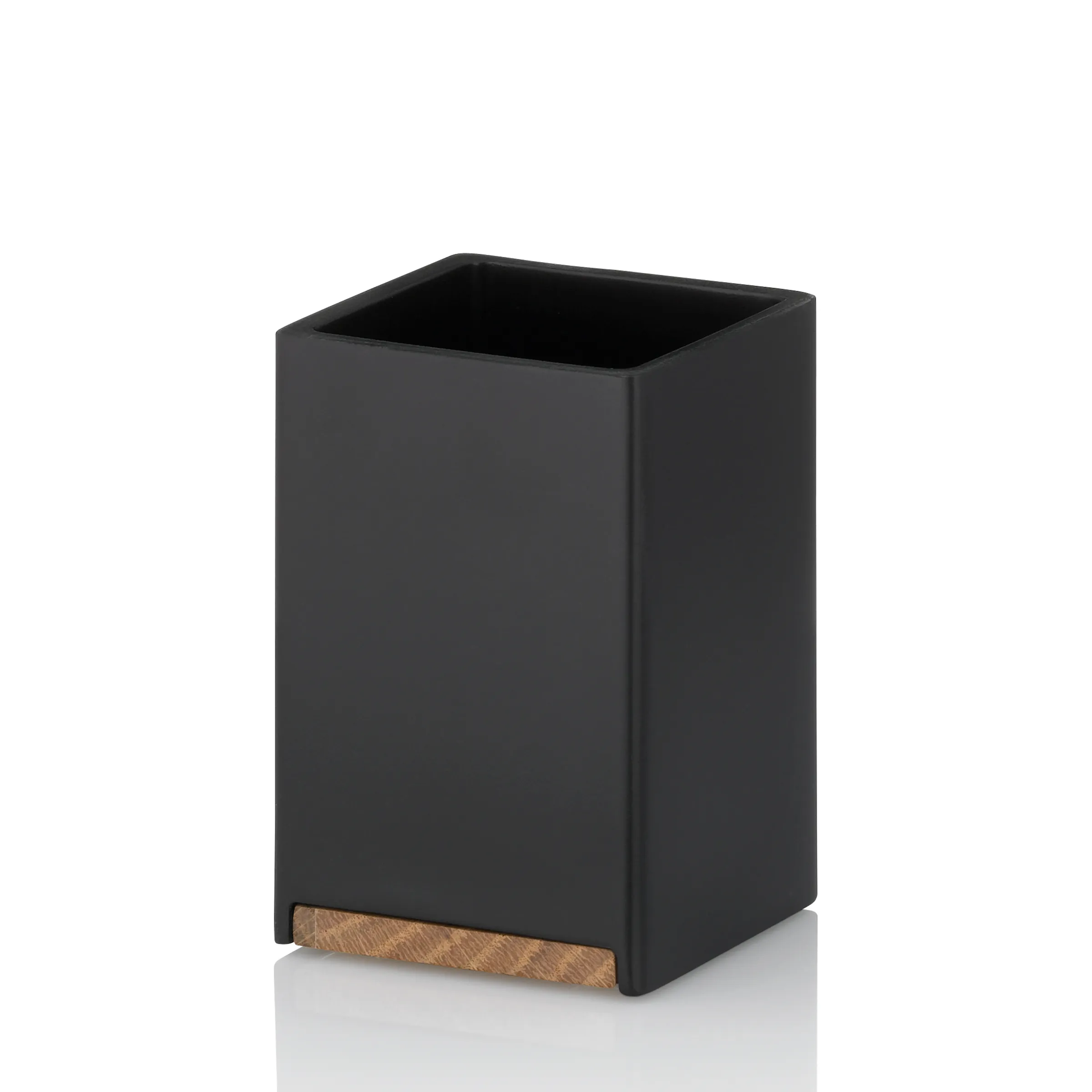 Schwarzer rechteckiger Behälter aus Kunststoff mit Holzakzent an der Basis, minimalistisches Design, offene Oberseite