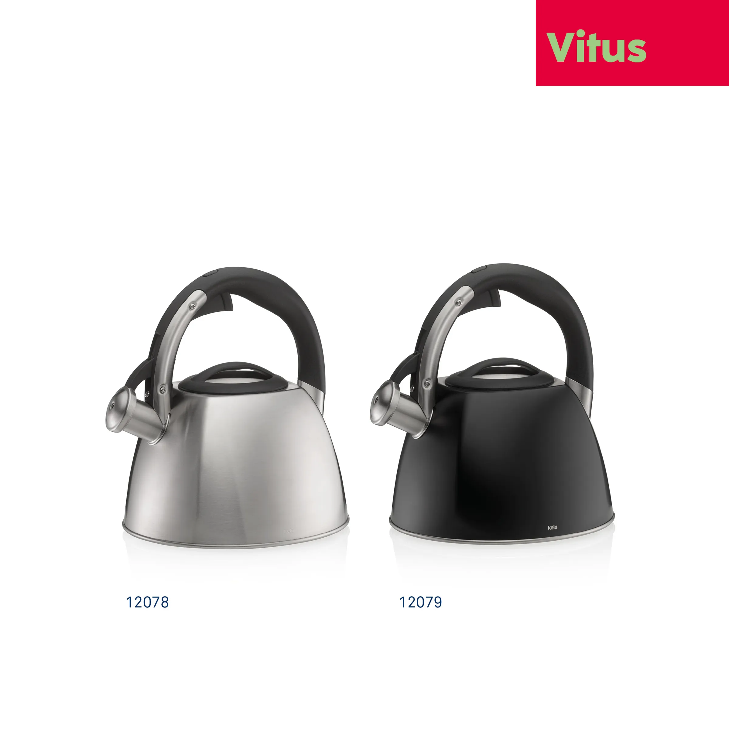 Vitus Wasserkessel Edelstahl - moderne Flötenkessel Zwei Vitus Wasserkessel in Silber und Schwarz mit ergonomischen Griffen, Modelle 12078 und 12079