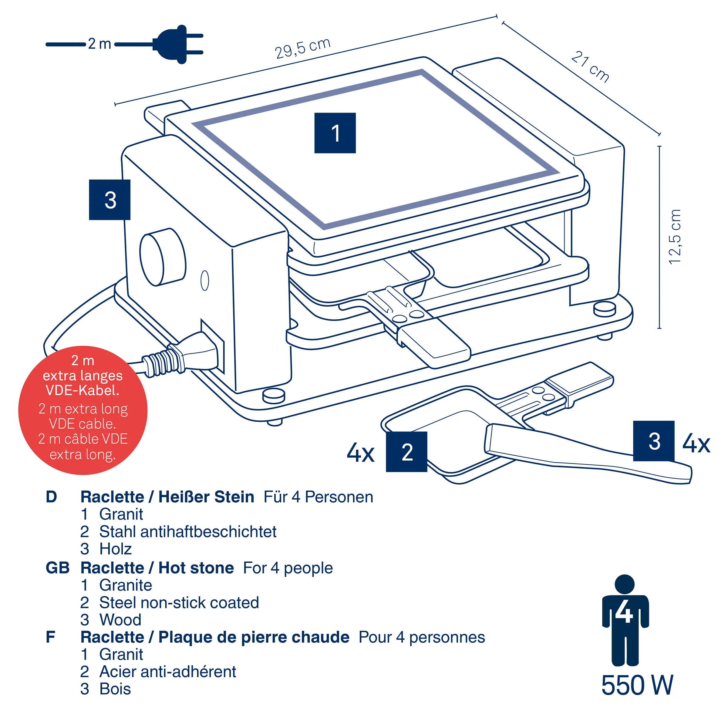 Raclette Grill für 4 Personen mit Stein und Stahlpfannen Raclette-Grill für 4 Personen mit Granitoberseite, Stahlpfannen und Holzspachtel. Maße: 29,5x21x12,6 cm, 550W Leistung.
