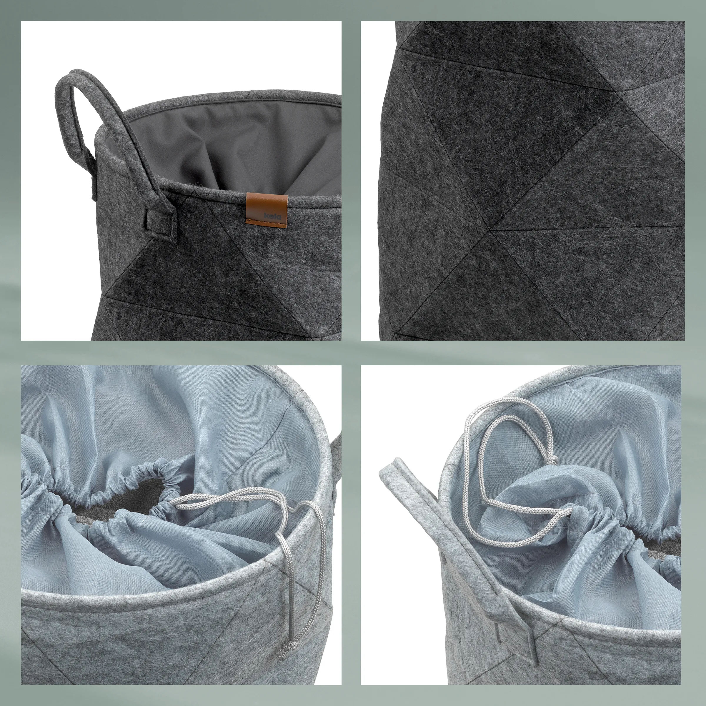 Filz-Aufbewahrungskorb mit Ledergriff - Grauer Korb mit blauem Innenfutter Grauer Filz-Aufbewahrungskorb mit braunem Ledergriff und hellblauem Innenfutter, Detail- und Nahaufnahmen