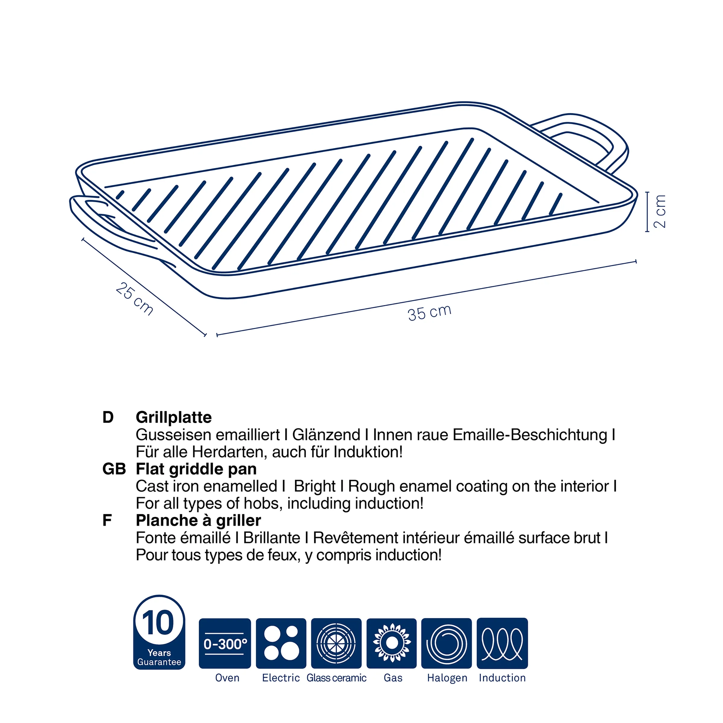 Gusseisenerne Grillplatte mit Rillen-Muster, 35 cm x 28 cm x 2 cm, mit Griffen, emailliert.