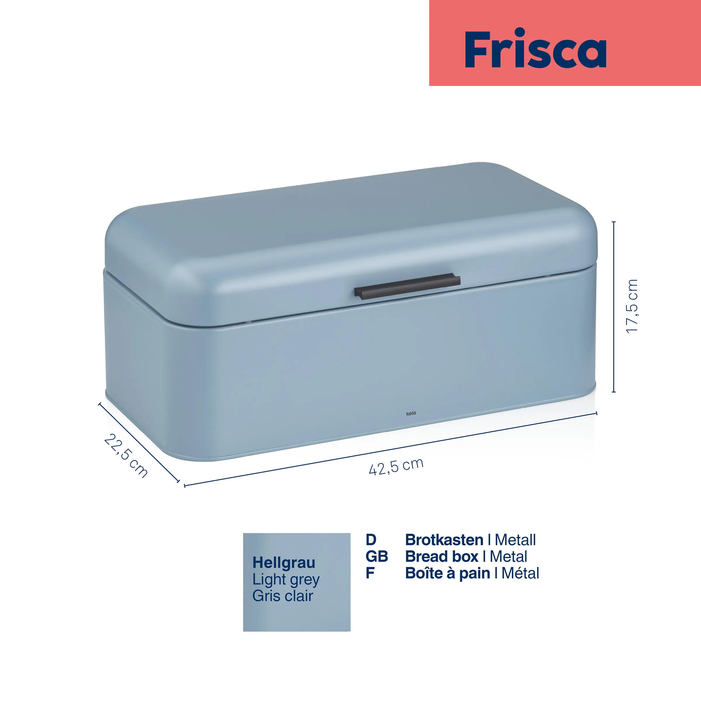Brotkasten Metall Hellgrau - Frisca Brotbox 42,5 cm Hellgraue Brotkasten aus Metall von Frisca mit Maßangaben 42,5 x 22,5 x 17,5 cm auf weißem Hintergrund