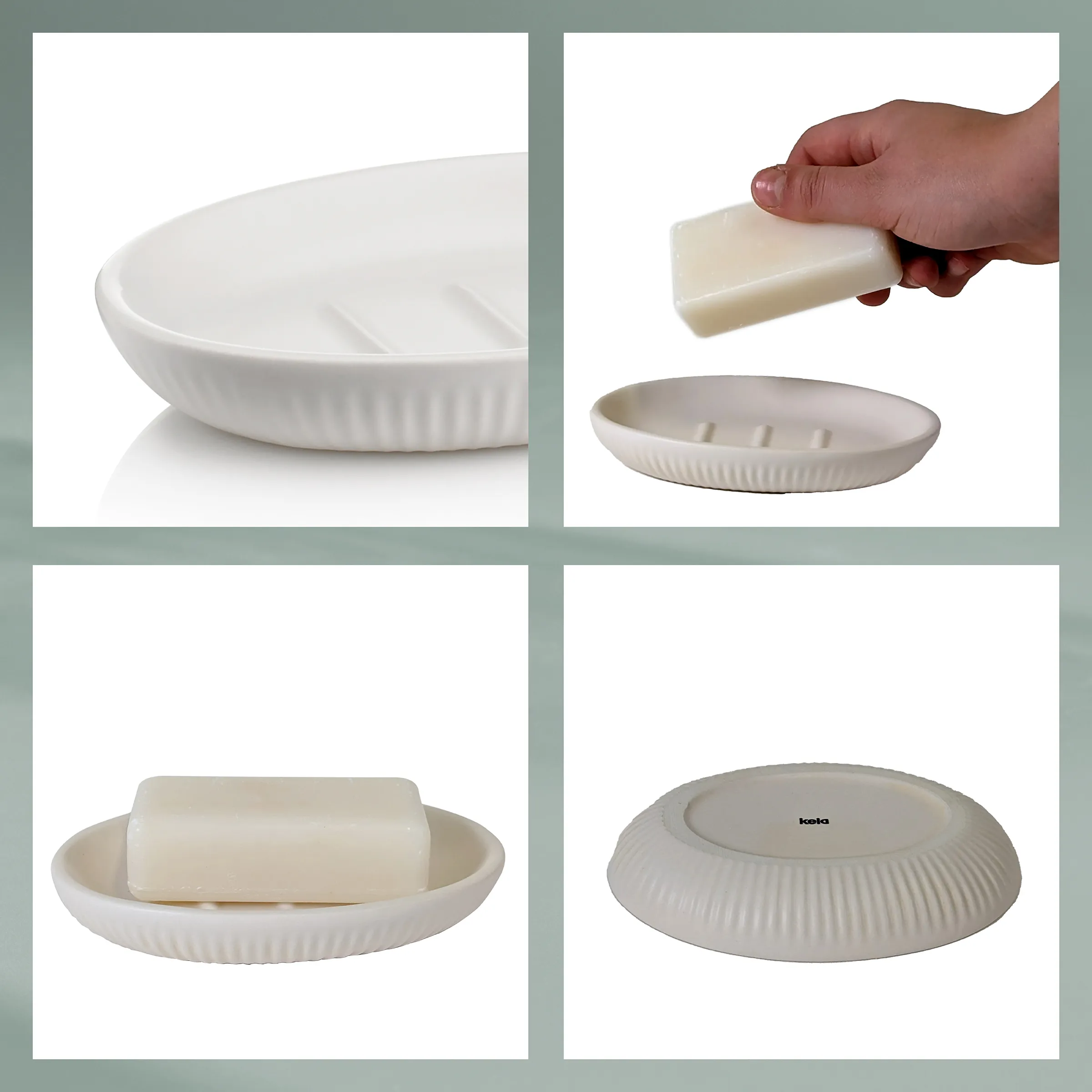 Keramische Seifenschale Weiß - Rillendesign Badezimmer Keramische Seifenschale mit gerilltem Design in Weiß, gezeigt von verschiedenen Winkeln und mit Seife gefüllt