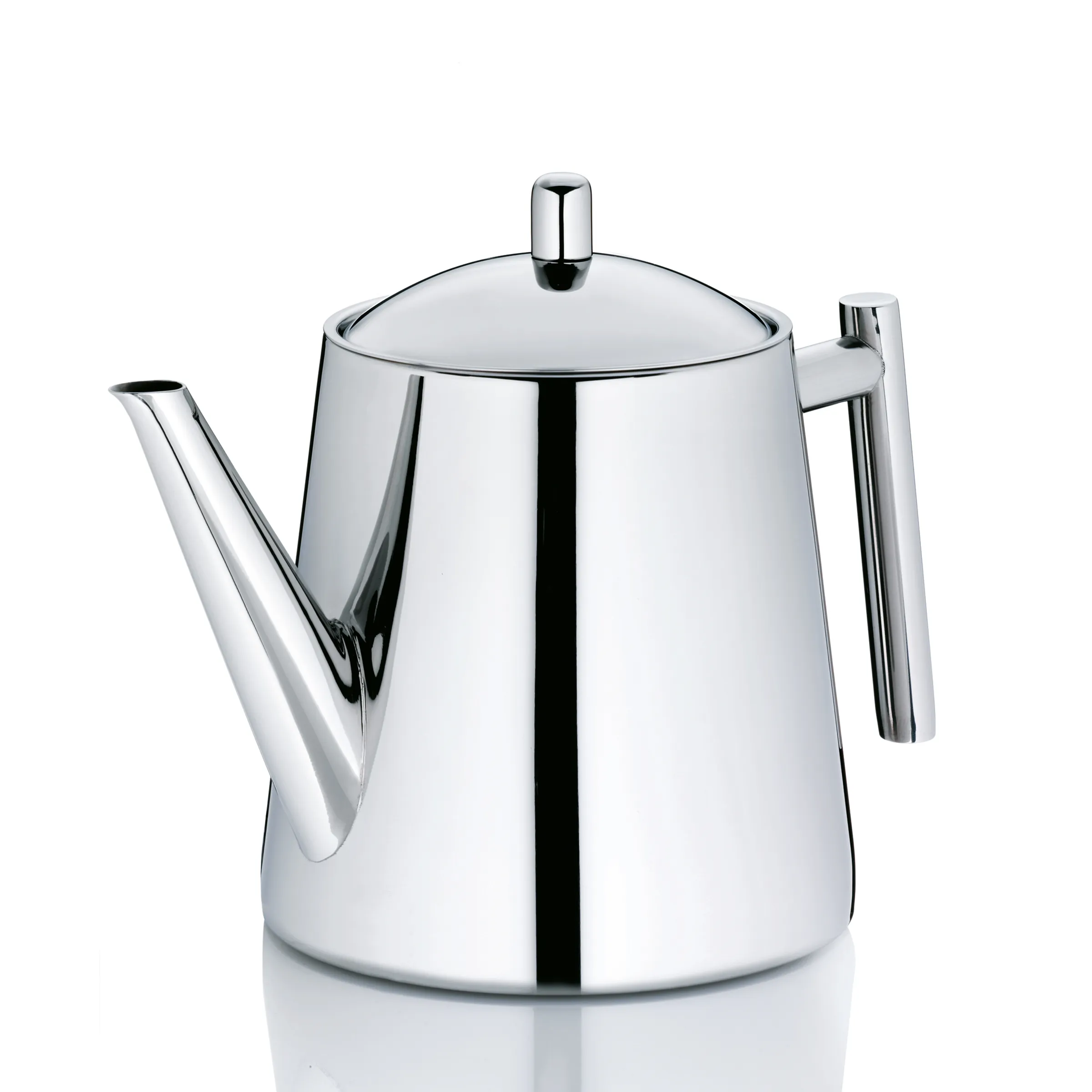 Edelstahl Teekanne mit Deckel - Moderne Kaffeekanne poliert Moderne Edelstahl-Teekanne mit Deckel und ergonomischem Griff vor weißem Hintergrund