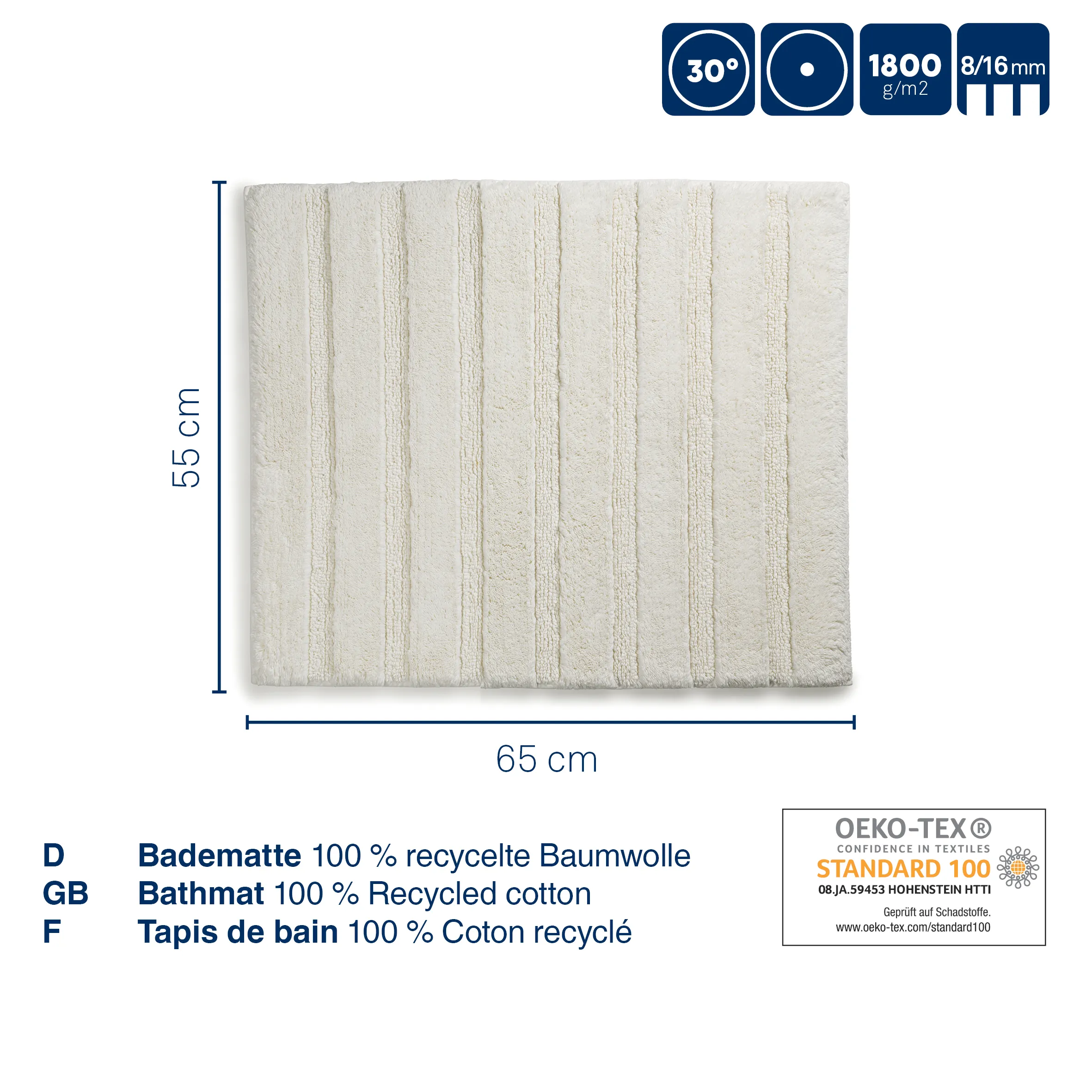 Nachhaltige Badematte recycelte Baumwolle 65x55 cm Cremefarbene Badematte aus 100% recycelter Baumwolle mit vertikalen Streifen, Größe 65x55 cm