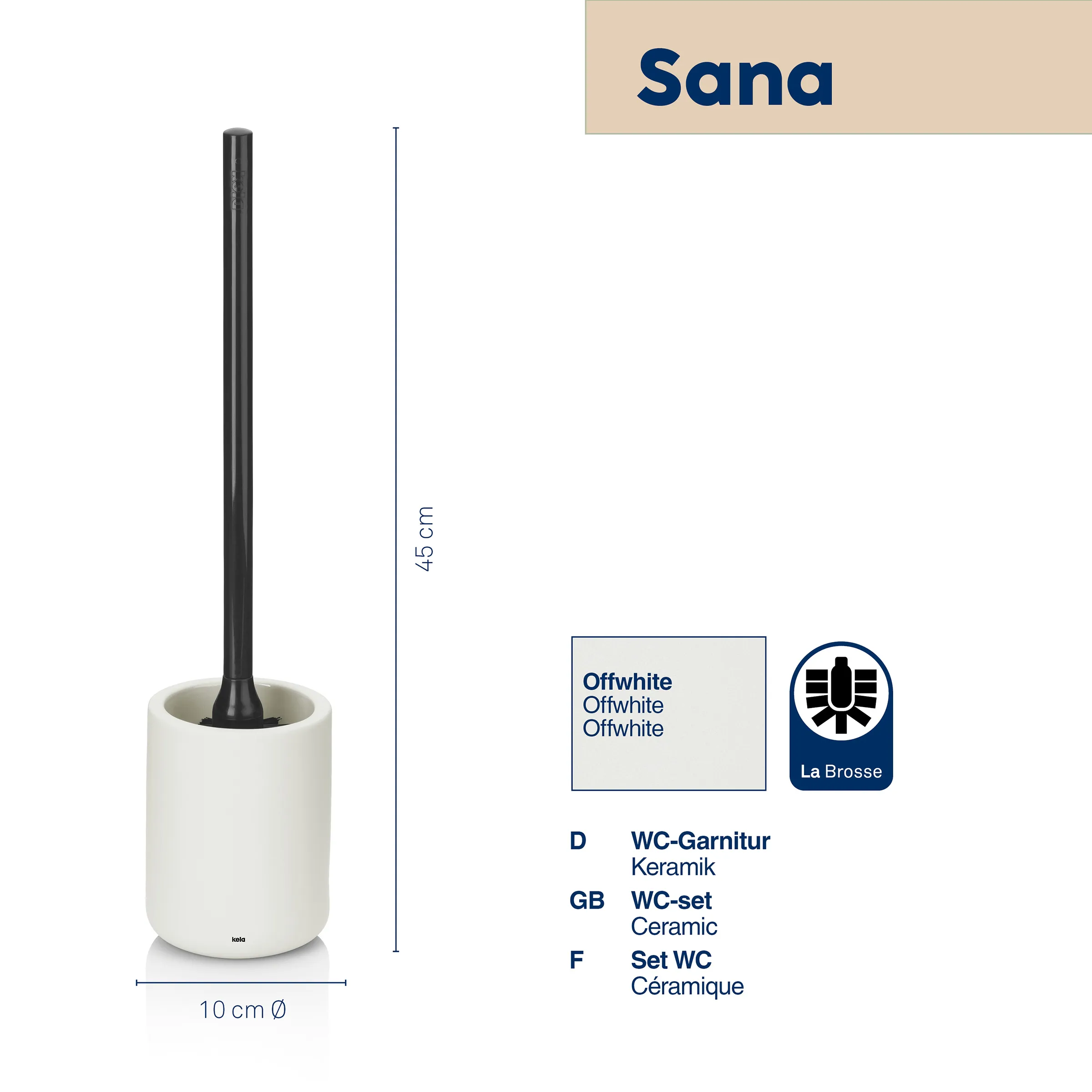 Sana WC-Garnitur Keramik offwhite - Toilettenbürste Sana WC-Garnitur mit Keramik-Einsatz, offwhite, 45 cm Höhe, 10 cm Durchmesser, von La Brosse