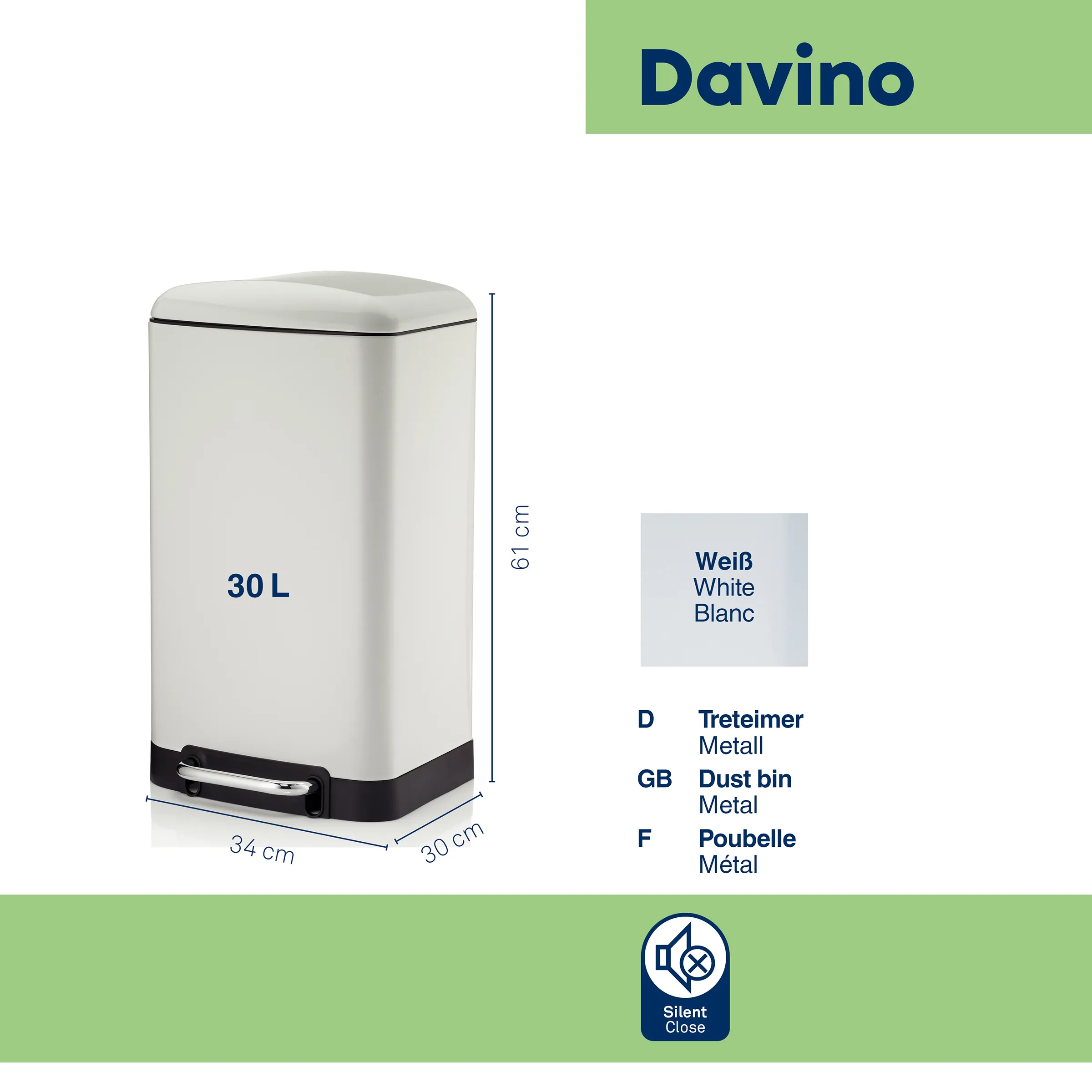 Davino 30L Mülleimer weiß Edelstahl Davino Edelstahlmülleimer 30L weiß, 61cm hoch, mit Silent Close Funktion und schwarzem Trittbrett