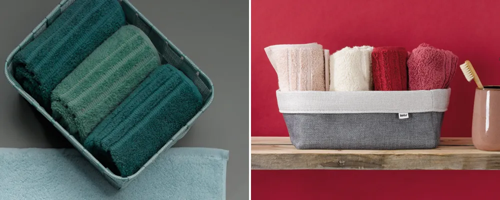 Handtücher Aufbewahrung - Organizer und Boxen Zwei Bilder mit Handtüchern: links grüne Handtücher in einer grauen Box, rechts bunte Handtücher in einem weißen Aufbewahrungskorb