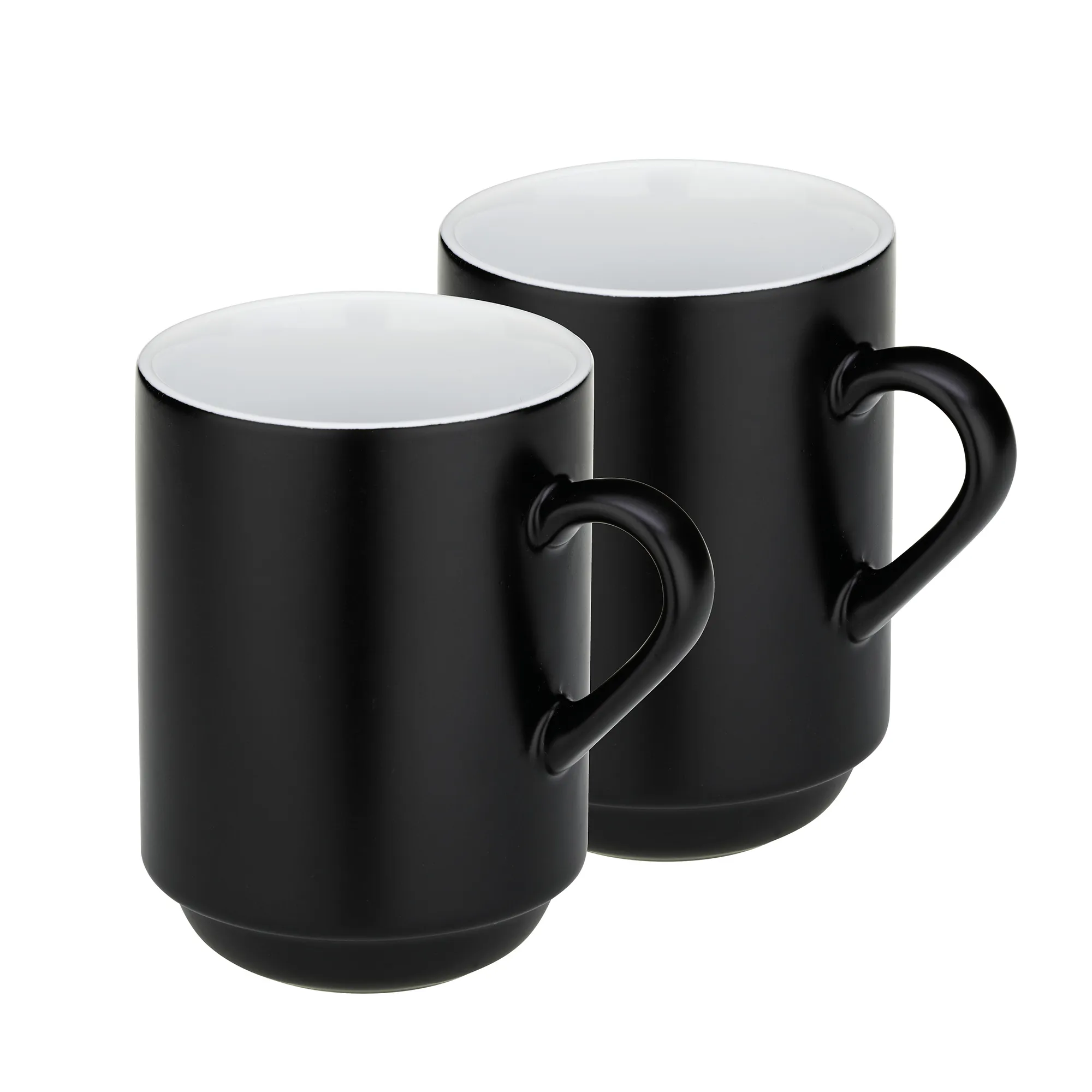 Schwarze Tassen Set - Keramik Kaffeetassen mit Henkel Zwei schwarze Keramiktassen mit weißem Innenglasur und geschwungenem Henkel, nebeneinander angeordnet
