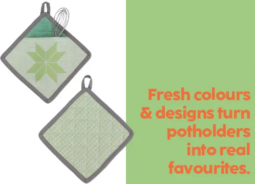 Two green potholders with geometric star and grid pattern, gray border, and hanging loops for kitchen use.
