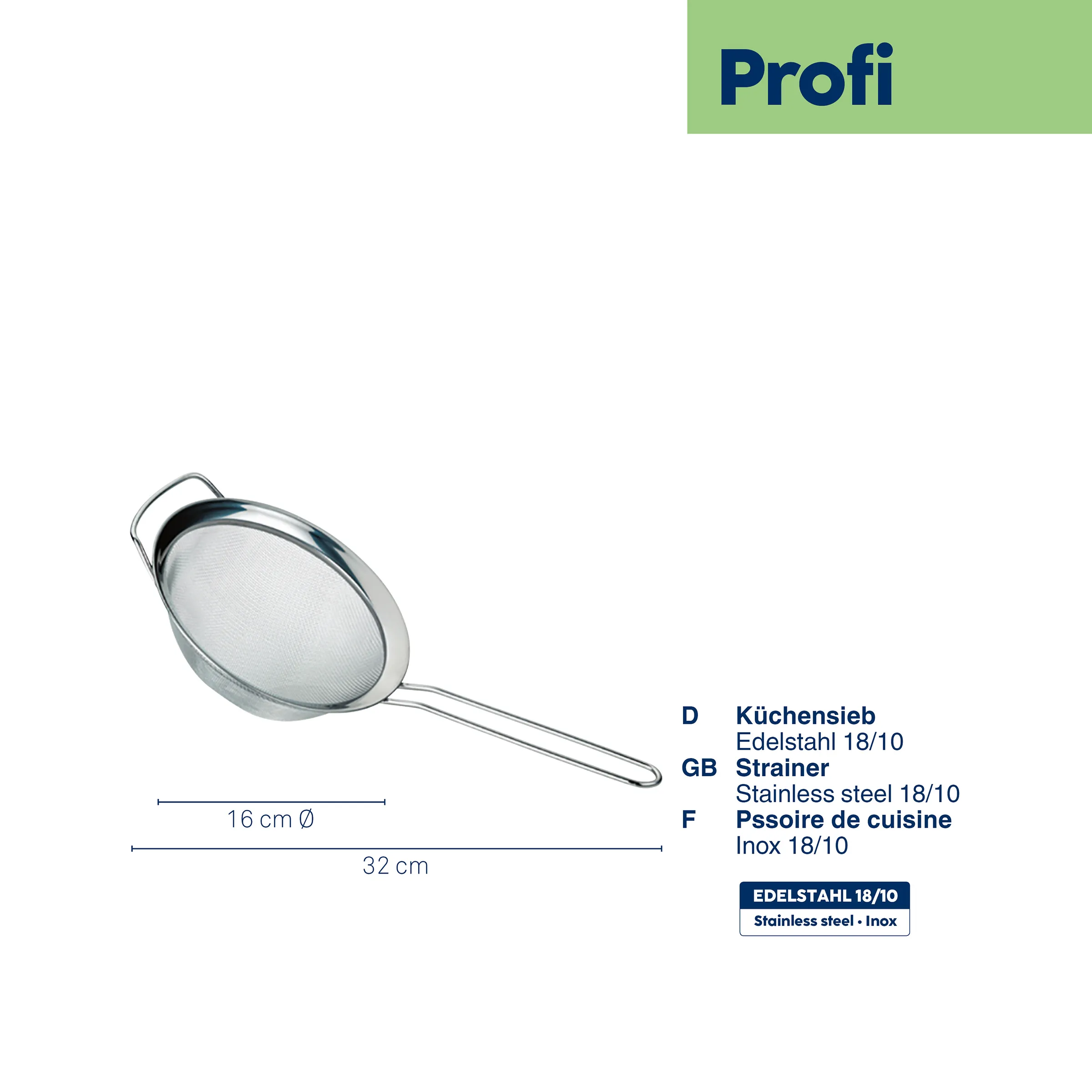 Küchensieb Edelstahl 18/10 - Profi Passiersieb 16 cm Küchensieb aus Edelstahl 18/10 mit feinem Mesh, 16 cm Durchmesser, 32 cm lang, mit ergonomischem Griff