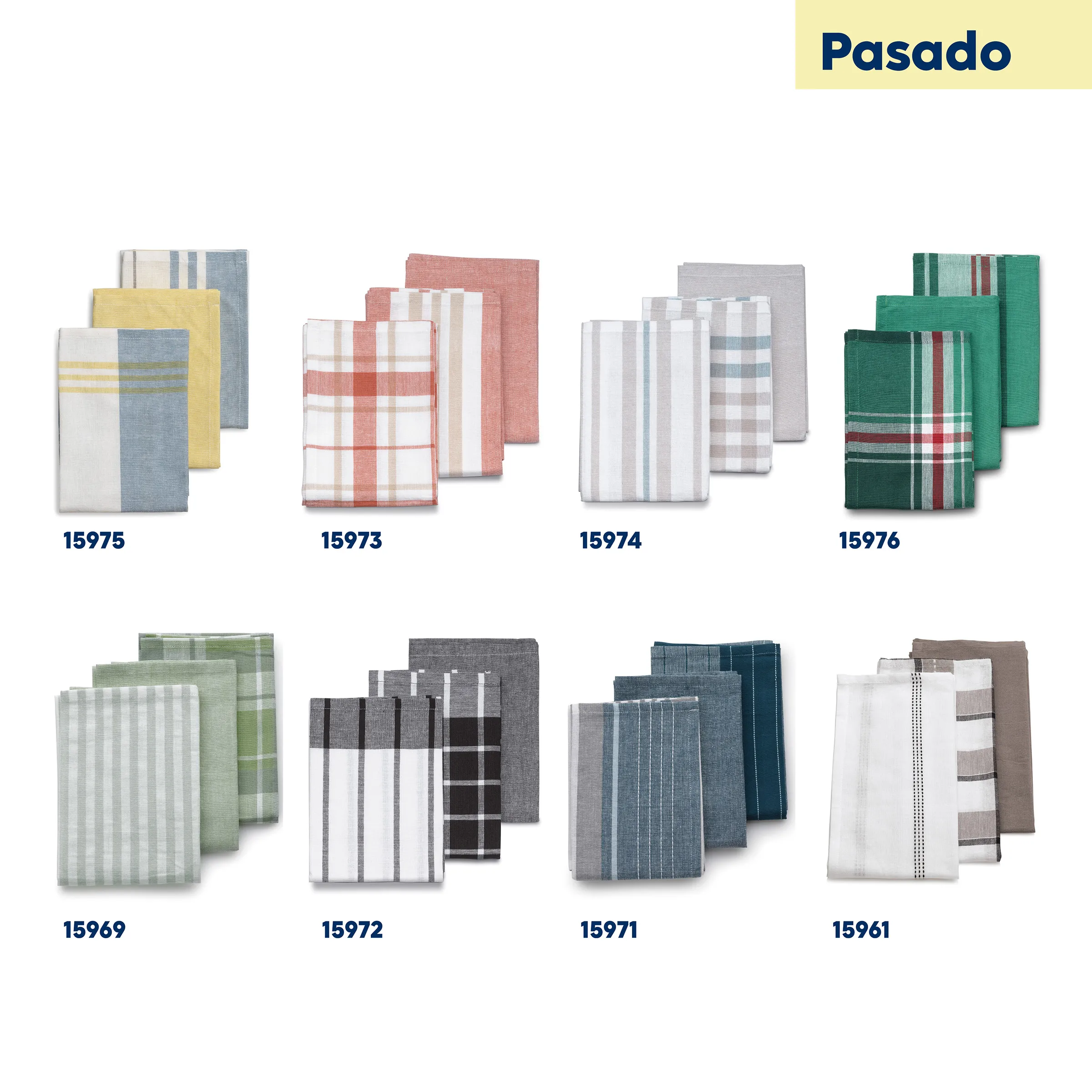 Pasado Geschirrtücher Sets - Karo und Streifen Muster in verschiedenen Farben Acht verschiedene Geschirrtuch-Sets der Pasado-Kollektion in Streifen- und Karomustern, Farben: Gelb, Blau, Terrakotta, Grau, Grün