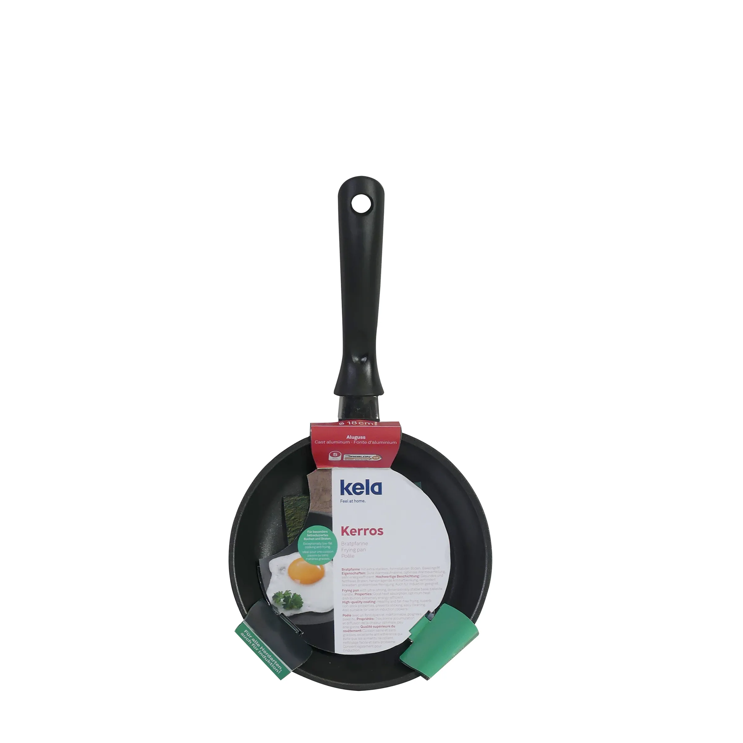 Kela Kerros Bratpfanne mit Antihaftbeschichtung - Aluminium Pfanne Kela Kerros Bratpfanne mit schwarzem Griff und Antihaftbeschichtung, Verpackungsetikett sichtbar