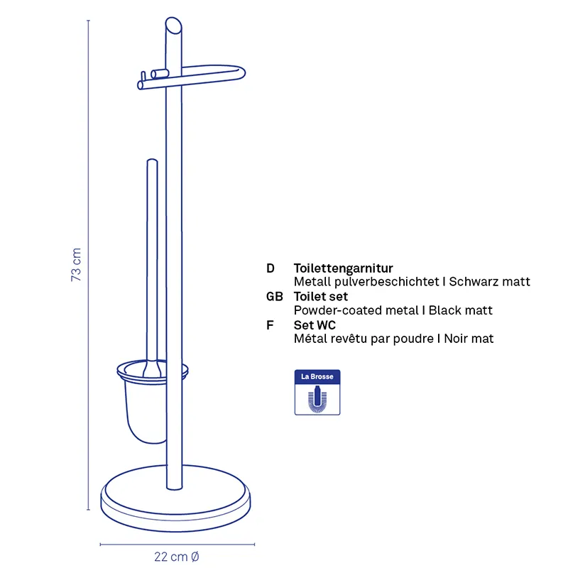 Toilettengarnitur Set Metall schwarz matt pulverbeschichtet - 73 cm Standgarnitur mit WC-Bürste Technische Zeichnung eines 73 cm hohen Toilettengarnitur-Sets aus schwarz matt pulverbeschichtetem Metall, 22 cm Durchmesser