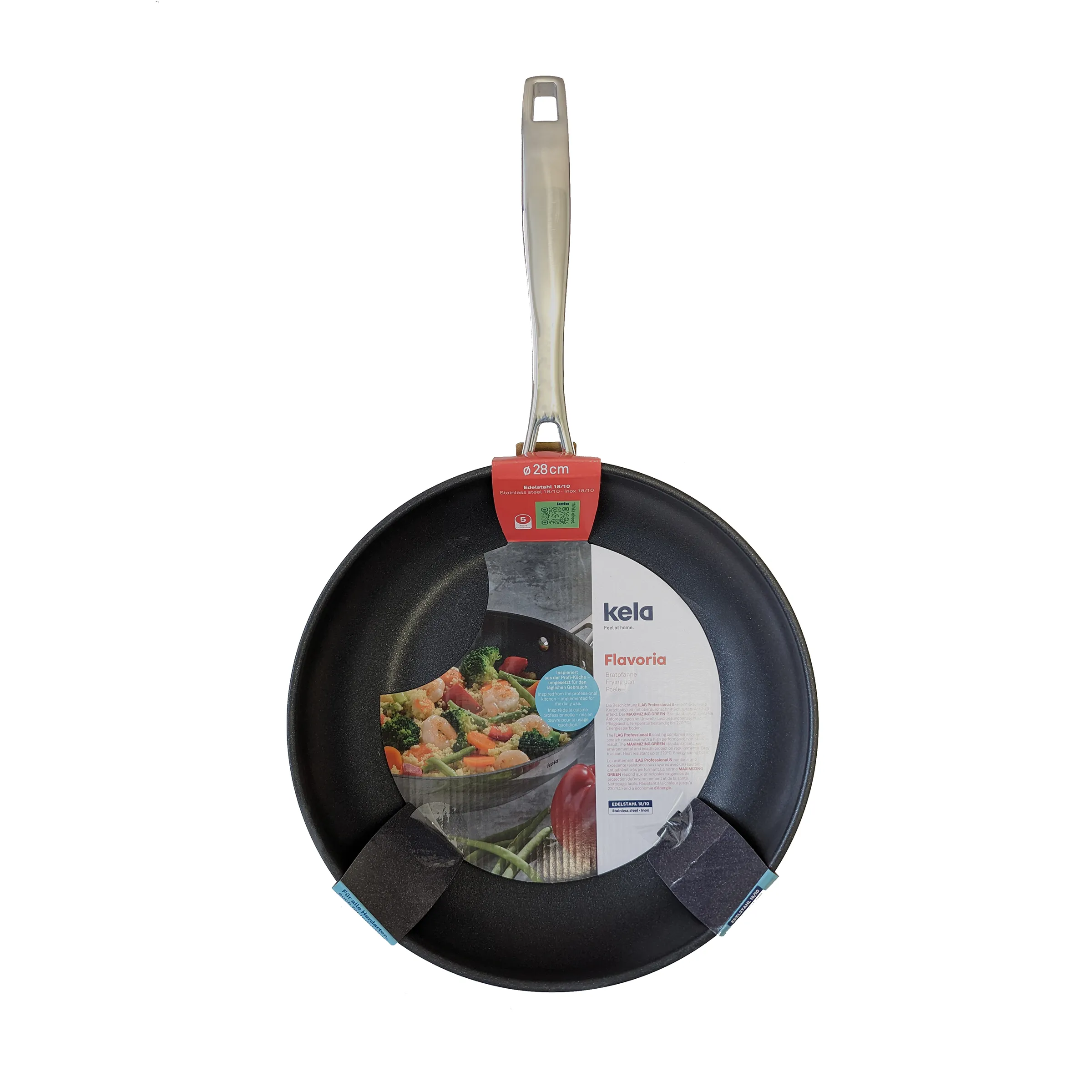 Kela Flavoria Bratpfanne 28 cm - Antihaftpfanne für die Küche Schwarze Kela Flavoria Bratpfanne mit 28 cm Durchmesser, Edelstahlgriff, mit Etikett und Verpackung, gefüllt mit Gemüse und Fleisch