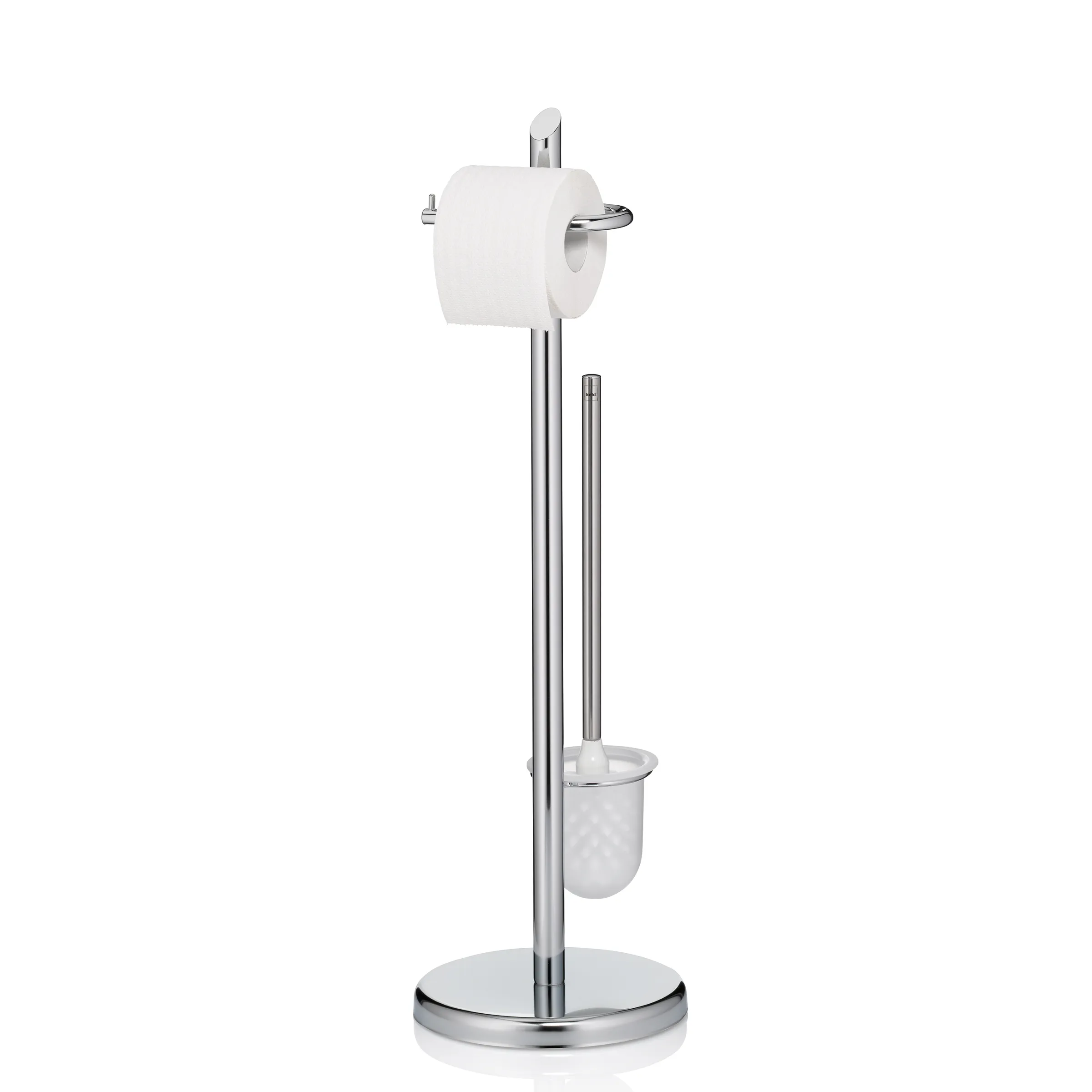 WC-Rollenhalter Edelstahl mit Toilettenbürste Edelstahl WC-Rollenhalter mit integriertem Bürstenhalter und Toilettenbürste auf rundem Standfuß