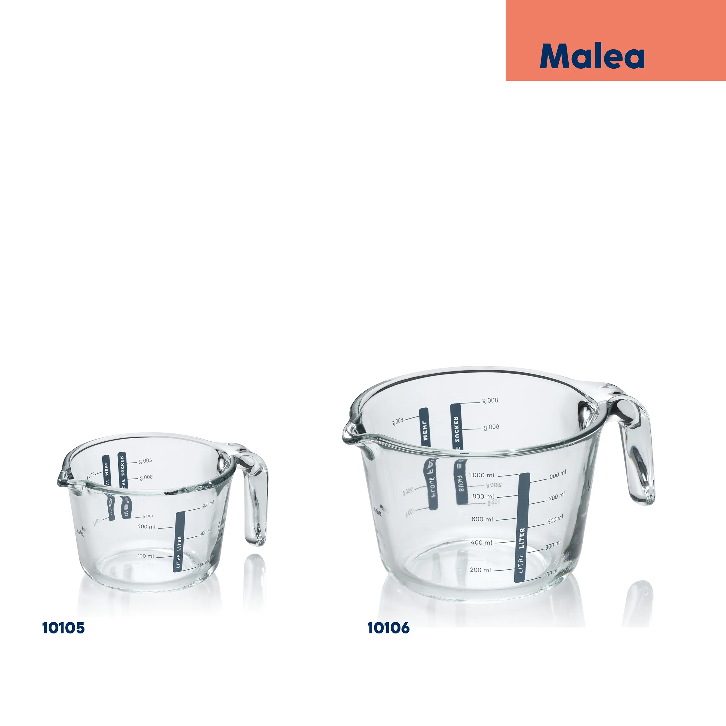 Malea Glasmessbecher mit Skala und Ausguss - Modelle 10105 und 10106 Zwei Malea Glasmessbecher mit Ausguss und Henkel, Modelle 10105 und 10106 mit Milliliter-Skala