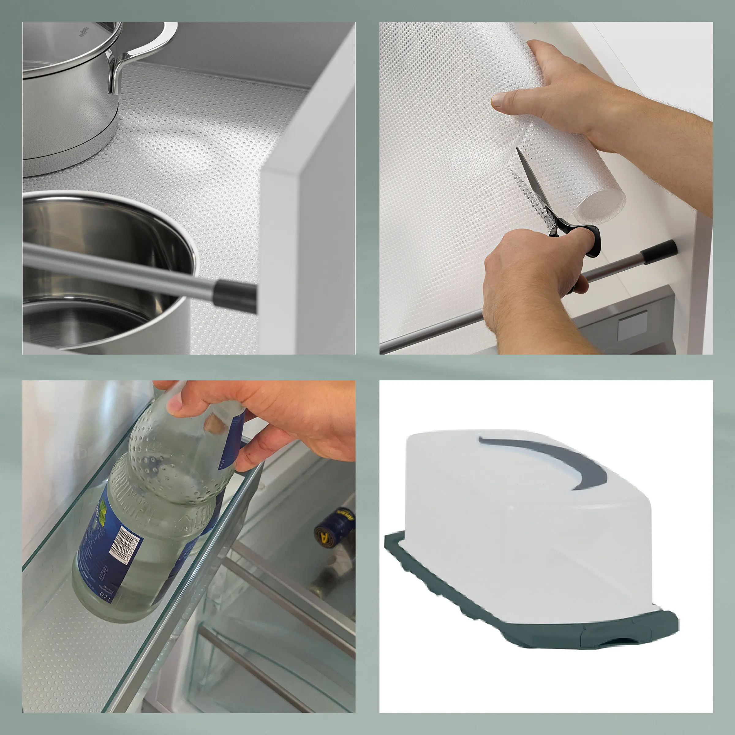 Kühlschrankeinlegmatte Montageanleitung - Einfache Installation Installationsanleitung für eine Kühlschrankmatte: Messung, Zuschnitt, Befestigung und das fertige Produkt mit Griffen.