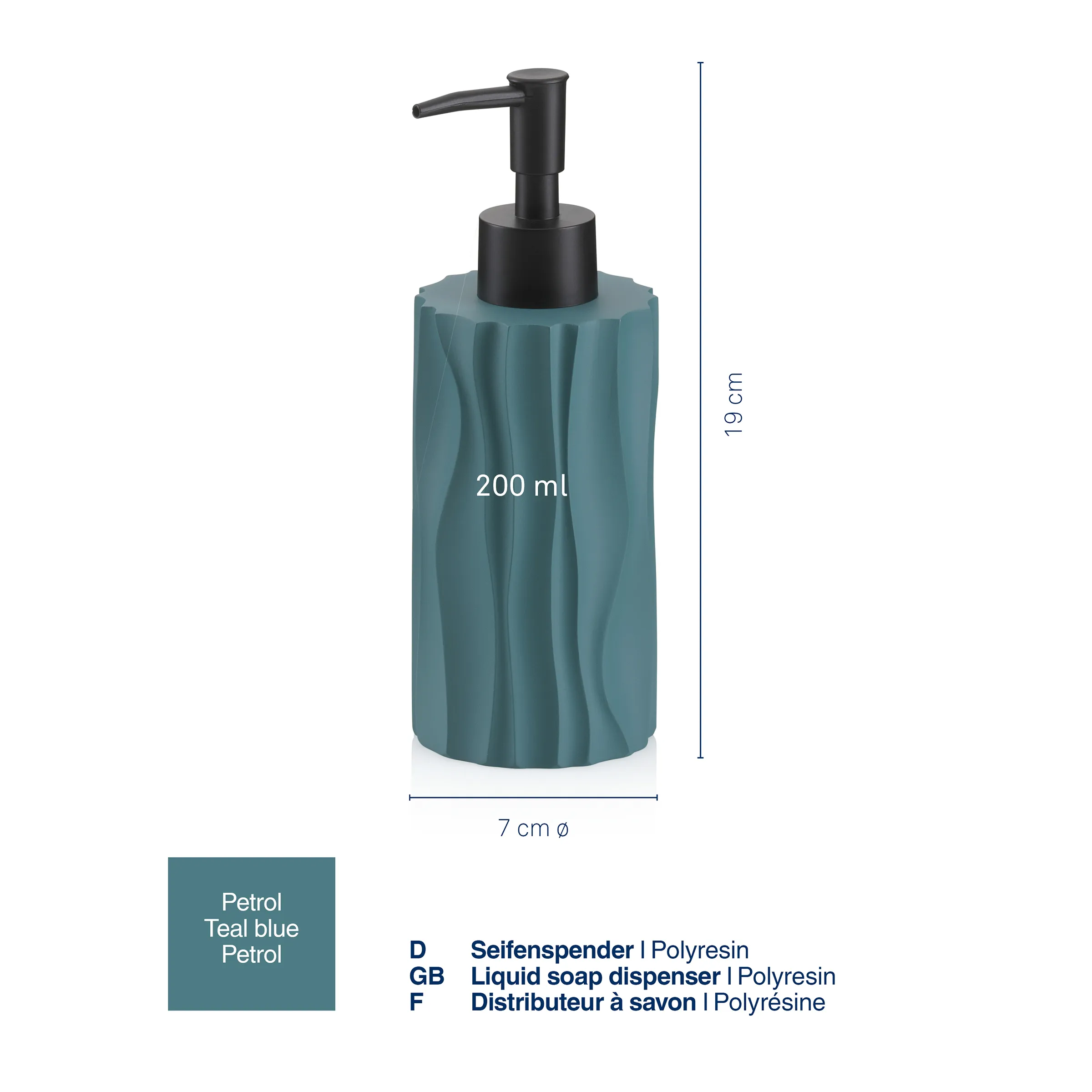 Seifenspender Polyresin Türkis - 200 ml Dispenser Türkisfarbener Seifenspender aus Polyresin mit schwarzem Pumpenkopf, 200 ml Fassungsvermögen, 19 cm Höhe