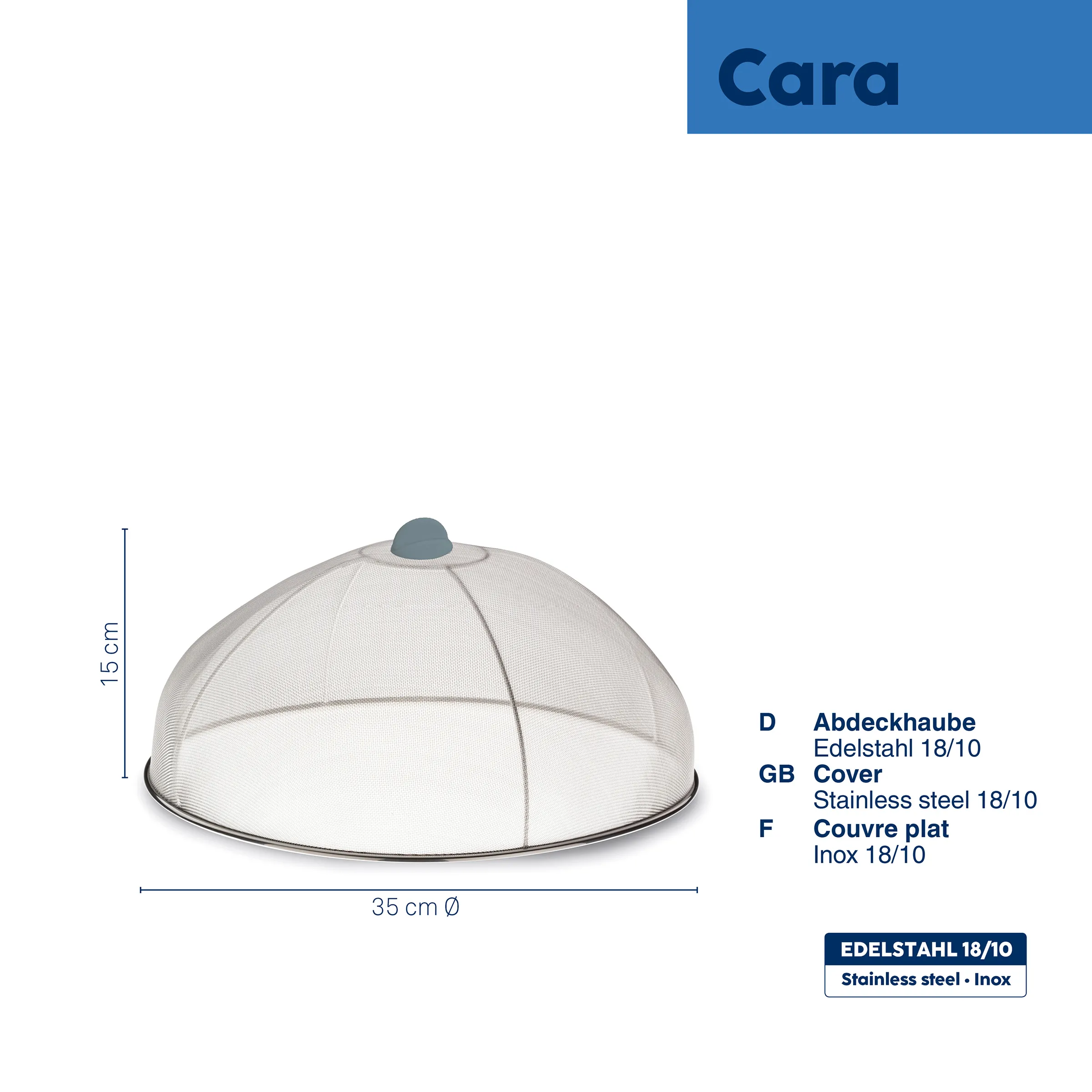 Cara Abdeckhaube Edelstahl 18/10 - Speisenschutz Fliegenschutz 35 cm Cara Abdeckhaube aus Edelstahl 18/10 mit Netzgewebe, 35 cm Durchmesser, 15 cm Höhe, mit grauem Knauf